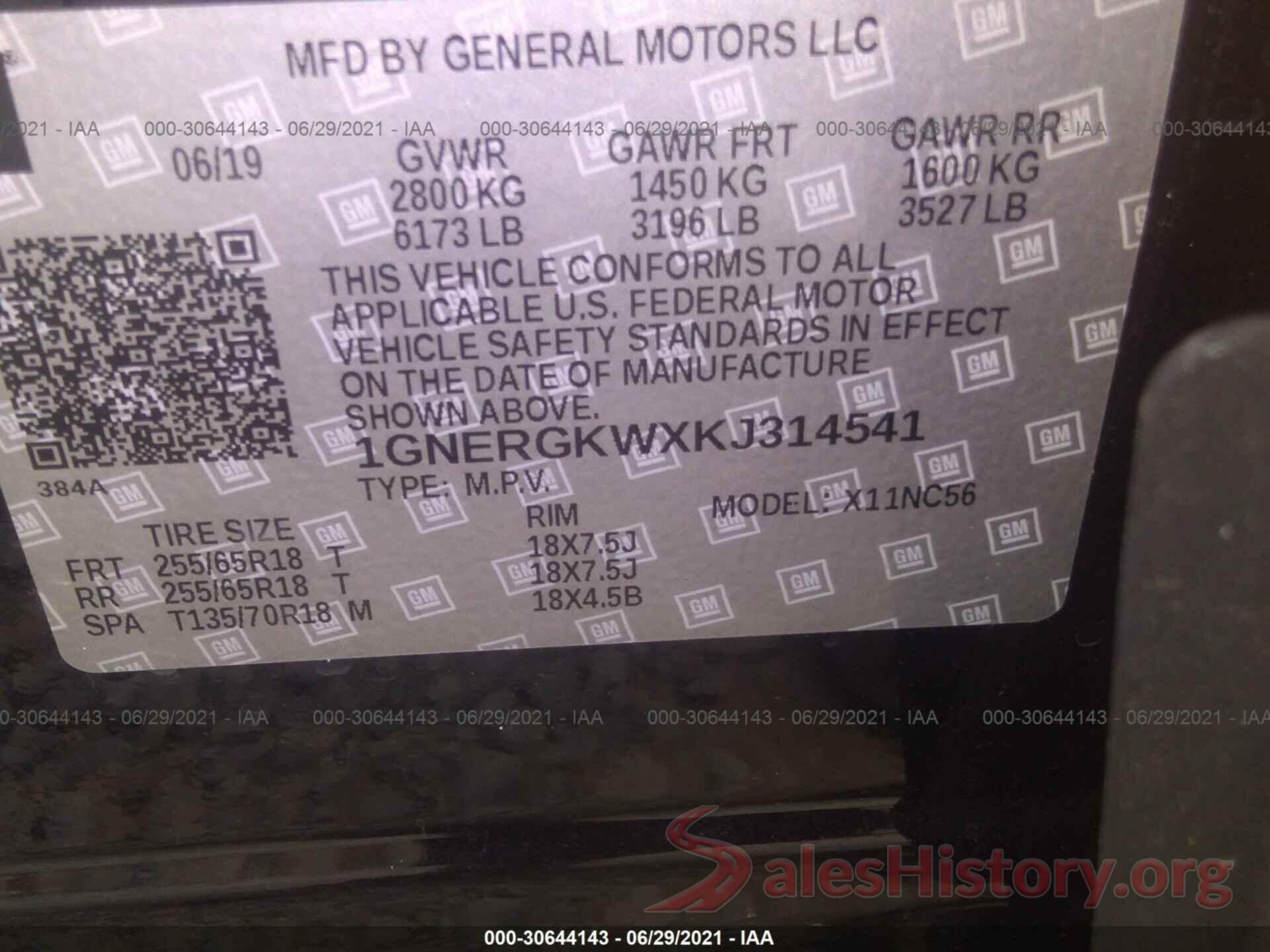 1GNERGKWXKJ314541 2019 CHEVROLET TRAVERSE