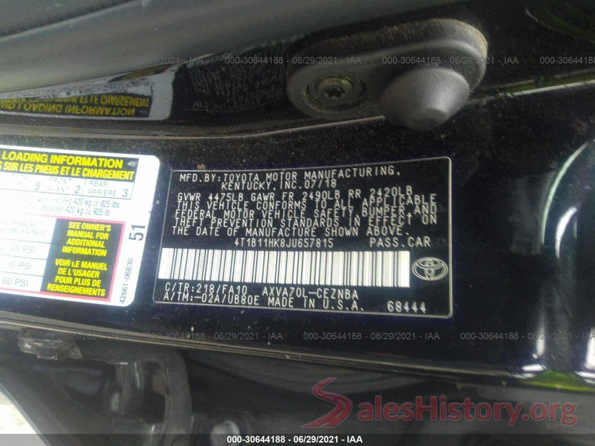 4T1B11HK8JU657815 2018 TOYOTA CAMRY