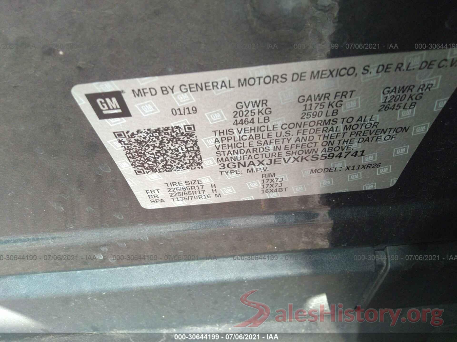 3GNAXJEVXKS594741 2019 CHEVROLET EQUINOX