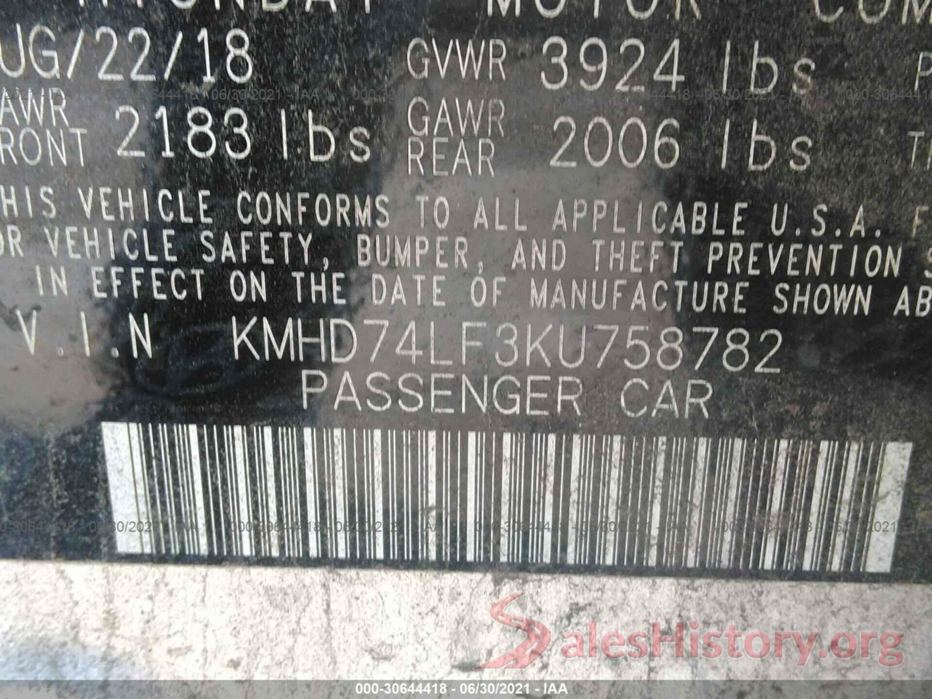 KMHD74LF3KU758782 2019 HYUNDAI ELANTRA