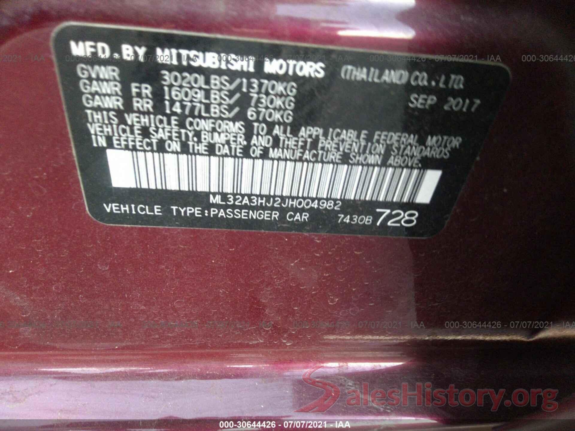 ML32A3HJ2JH004982 2018 MITSUBISHI MIRAGE