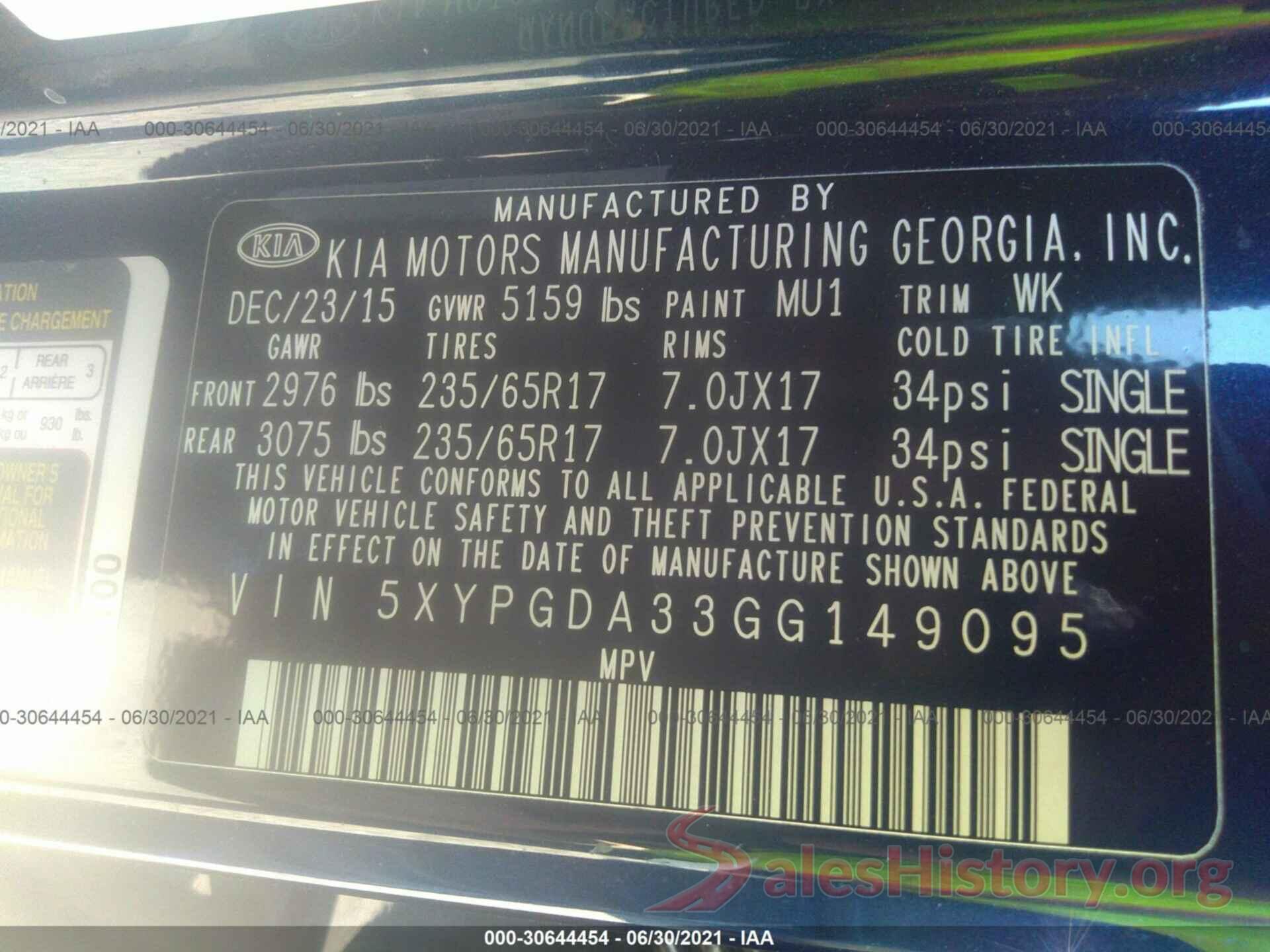 5XYPGDA33GG149095 2016 KIA SORENTO