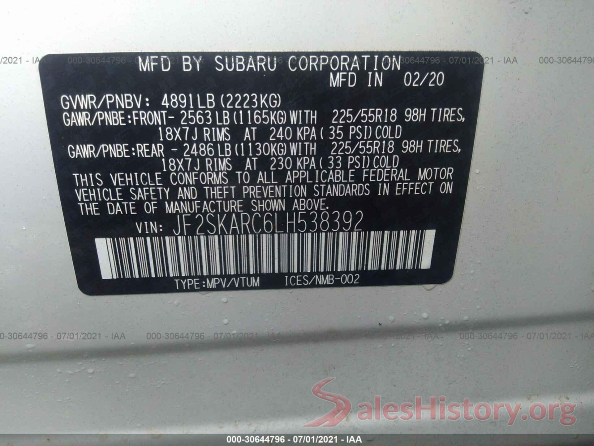 JF2SKARC6LH538392 2020 SUBARU FORESTER