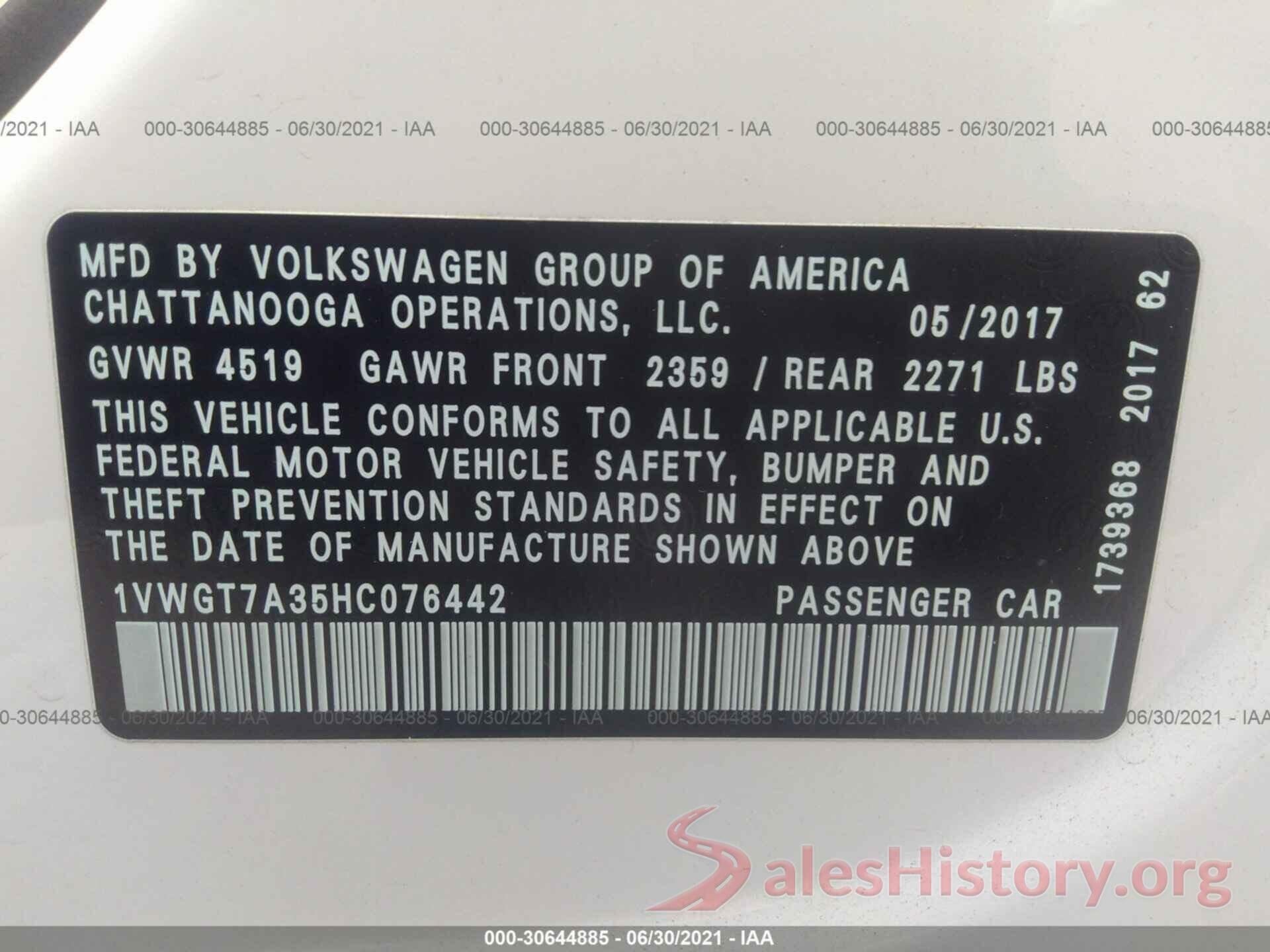 1VWGT7A35HC076442 2017 VOLKSWAGEN PASSAT