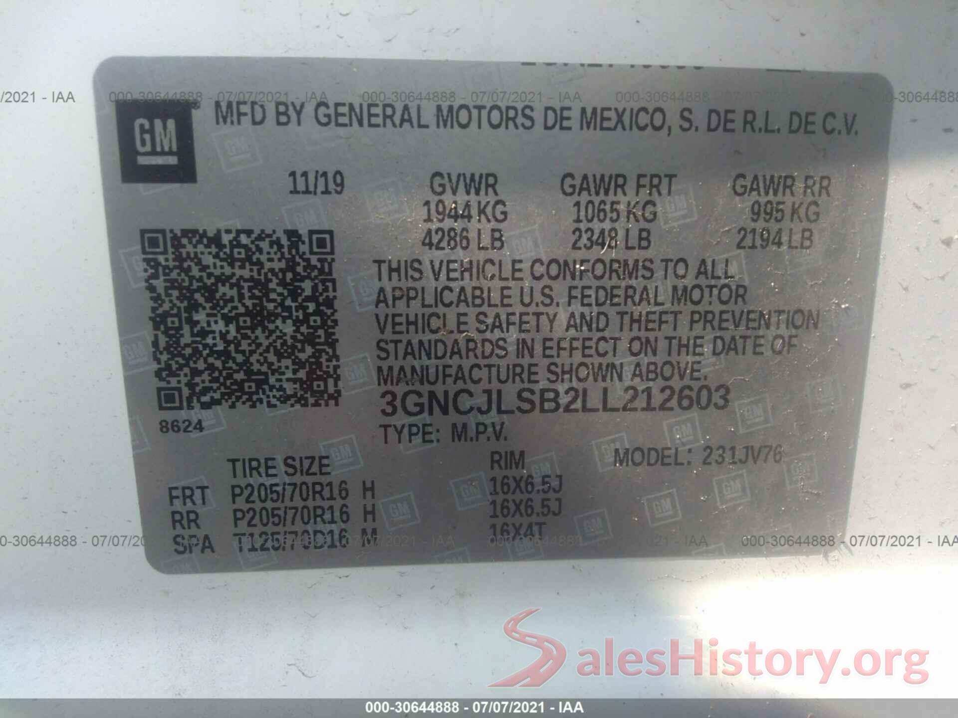 3GNCJLSB2LL212603 2020 CHEVROLET TRAX