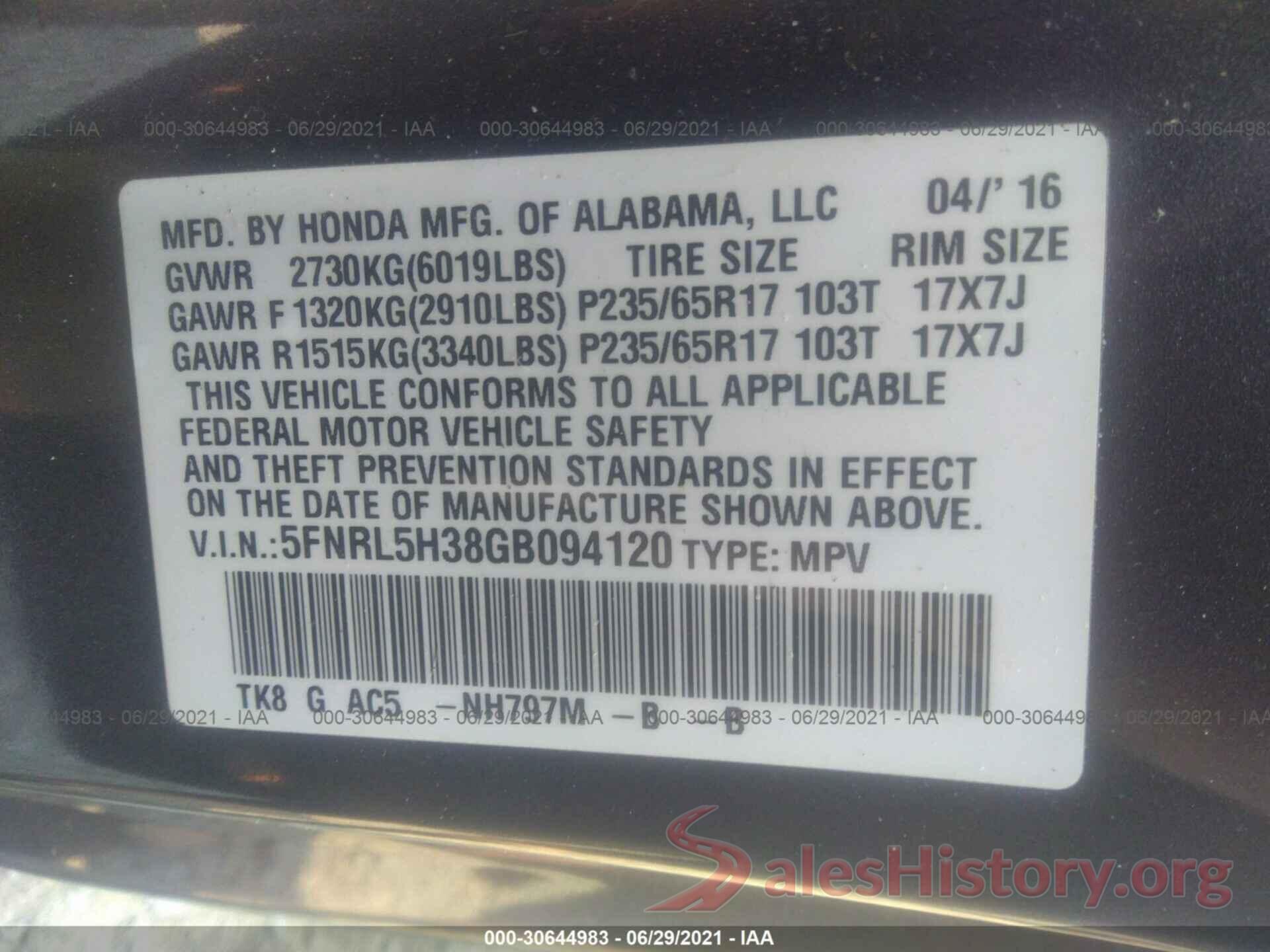 5FNRL5H38GB094120 2016 HONDA ODYSSEY