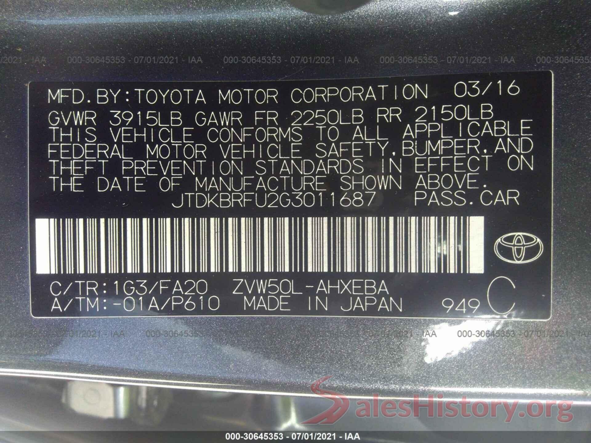 JTDKBRFU2G3011687 2016 TOYOTA PRIUS