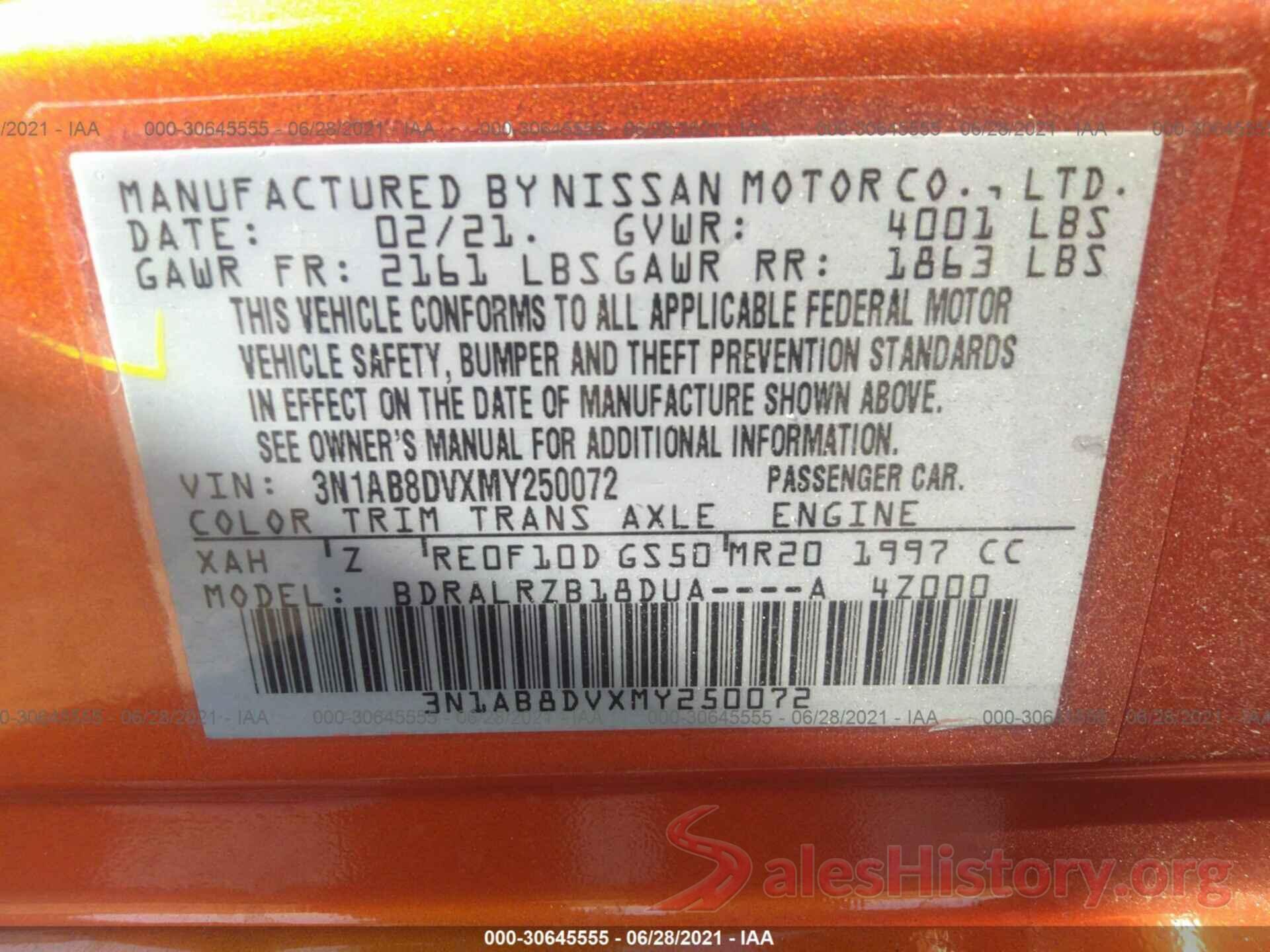 3N1AB8DVXMY250072 2021 NISSAN SENTRA