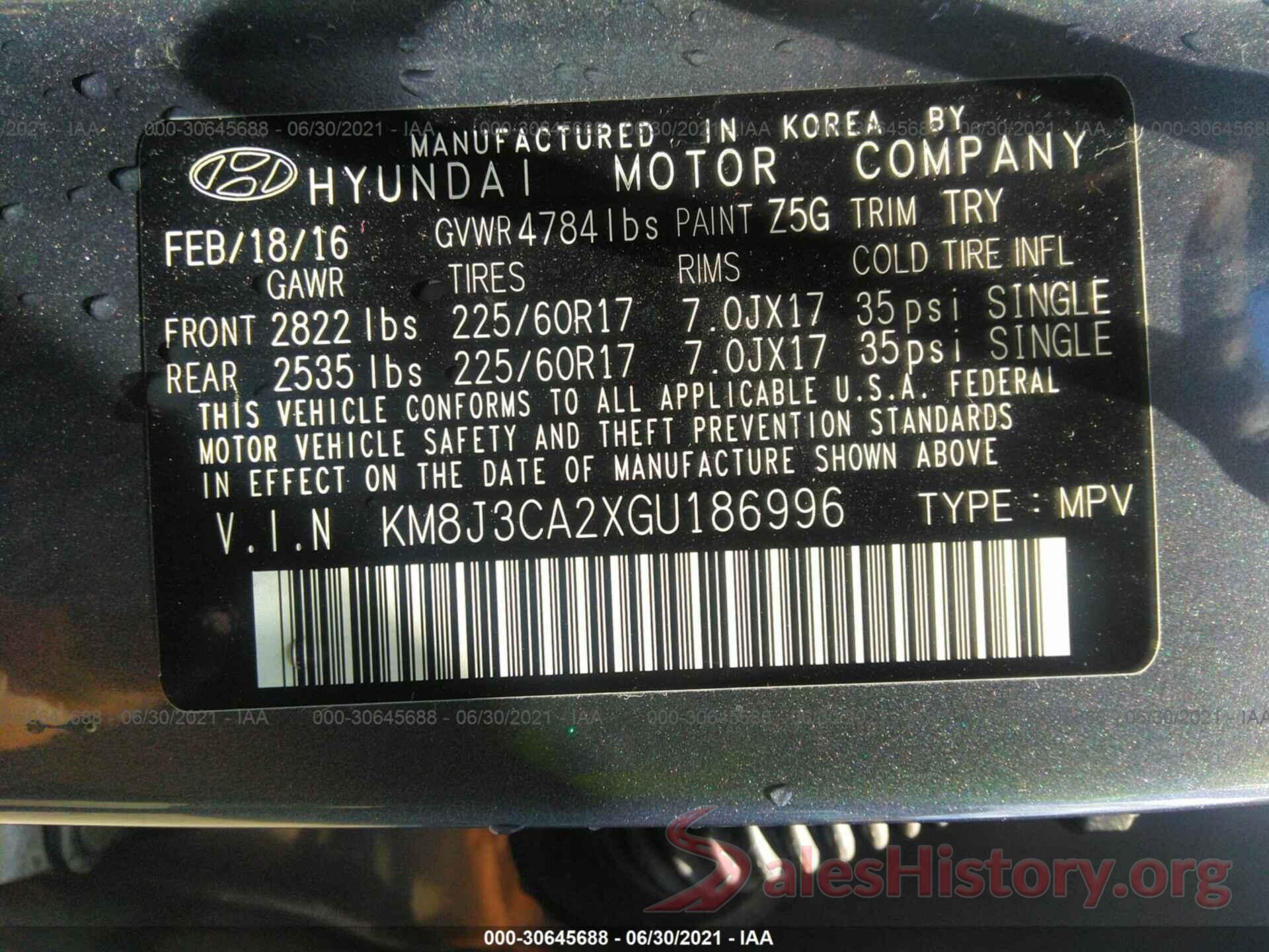 KM8J3CA2XGU186996 2016 HYUNDAI TUCSON