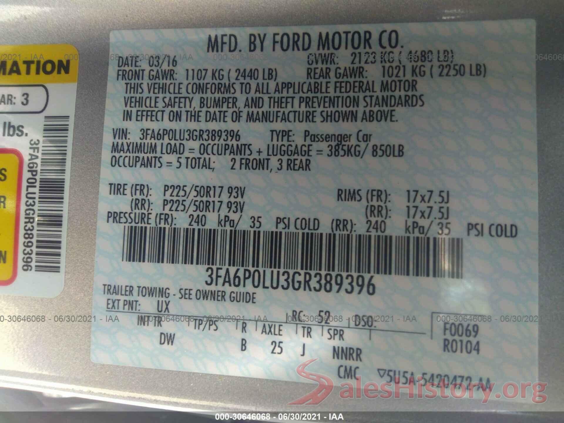 3FA6P0LU3GR389396 2016 FORD FUSION