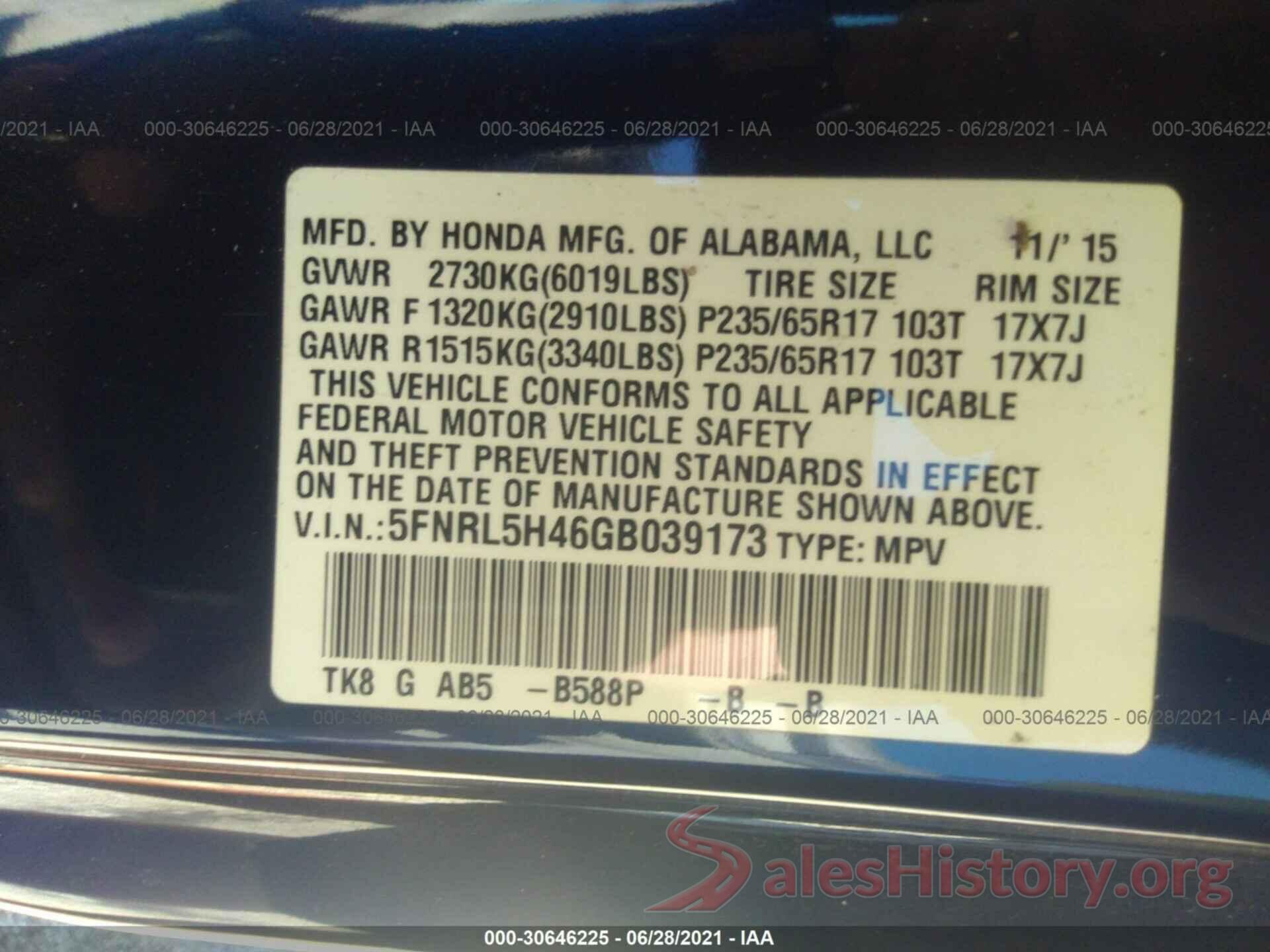 5FNRL5H46GB039173 2016 HONDA ODYSSEY