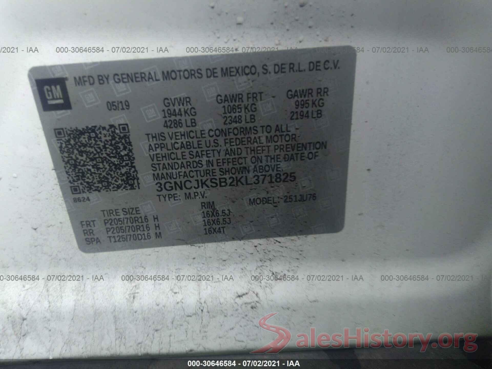 3GNCJKSB2KL371825 2019 CHEVROLET TRAX