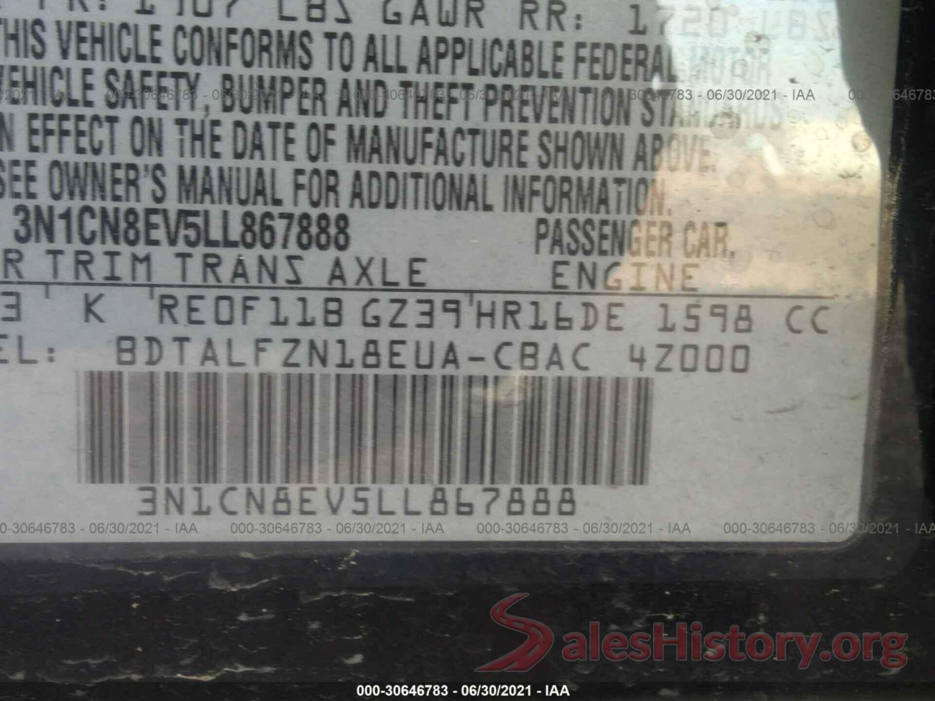 3N1CN8EV5LL867888 2020 NISSAN VERSA