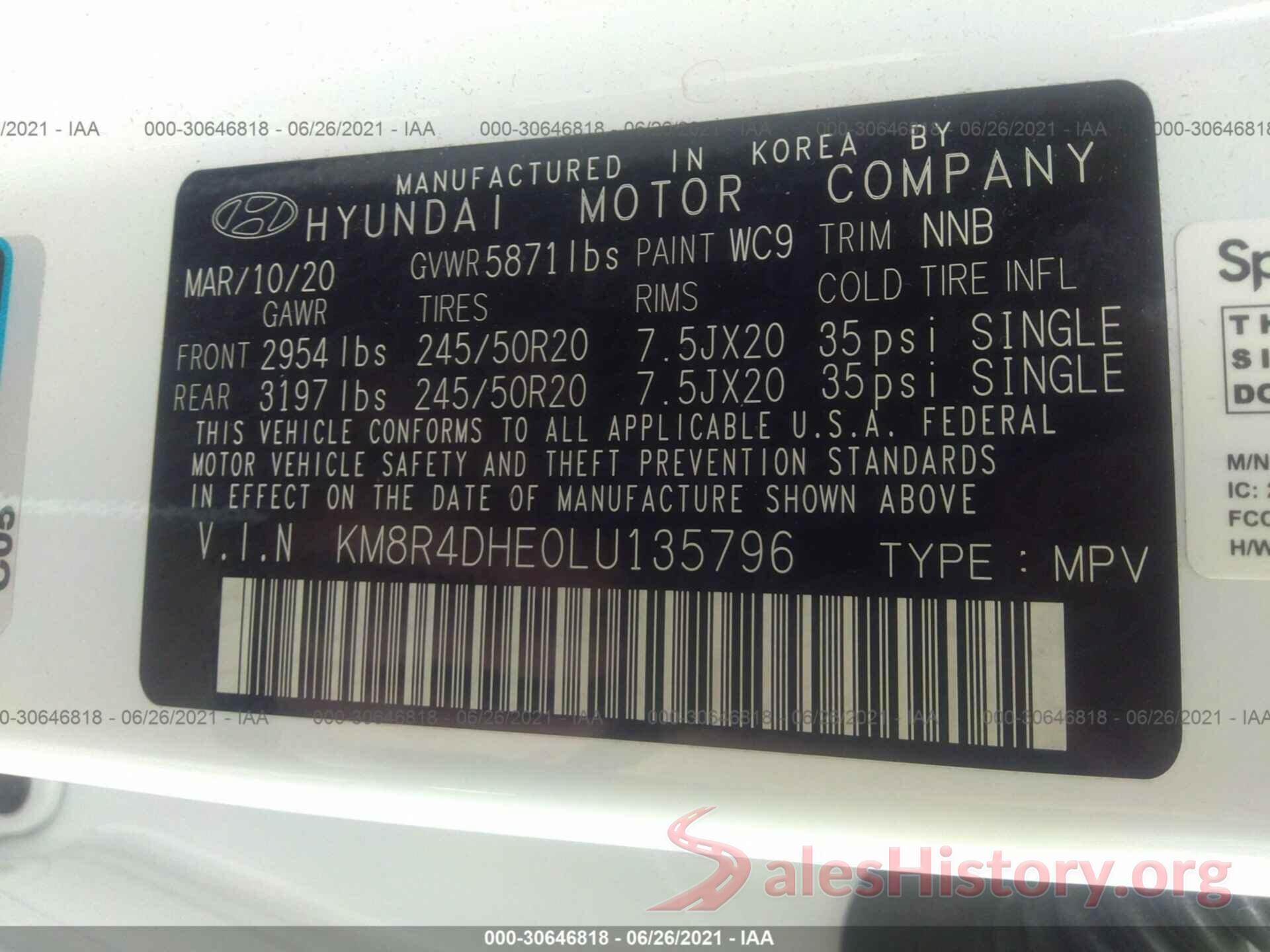 KM8R4DHE0LU135796 2020 HYUNDAI PALISADE