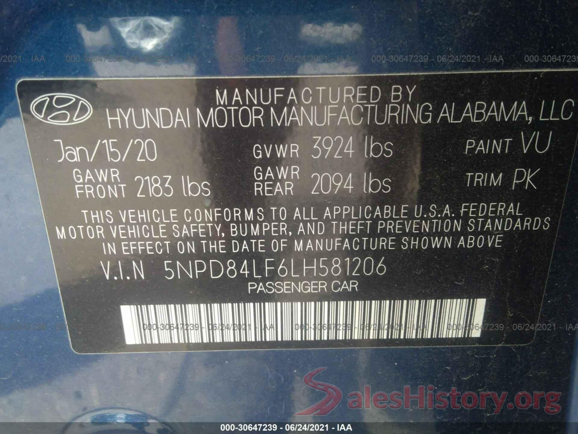 5NPD84LF6LH581206 2020 HYUNDAI ELANTRA