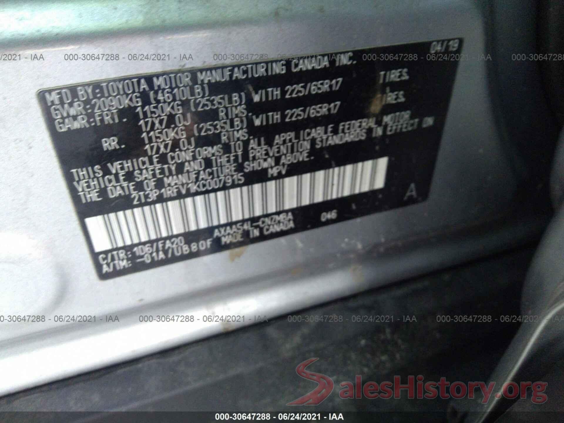 2T3P1RFV1KC007915 2019 TOYOTA RAV4