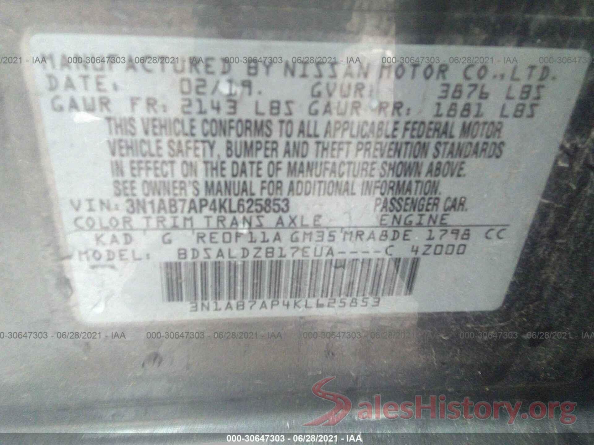 3N1AB7AP4KL625853 2019 NISSAN SENTRA