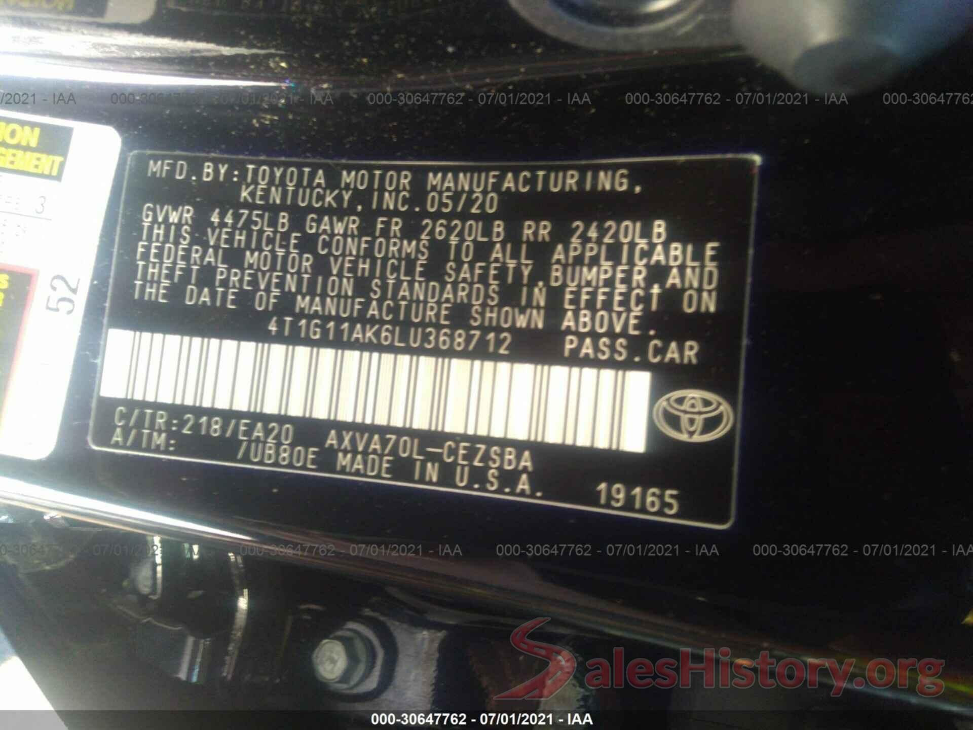 4T1G11AK6LU368712 2020 TOYOTA CAMRY