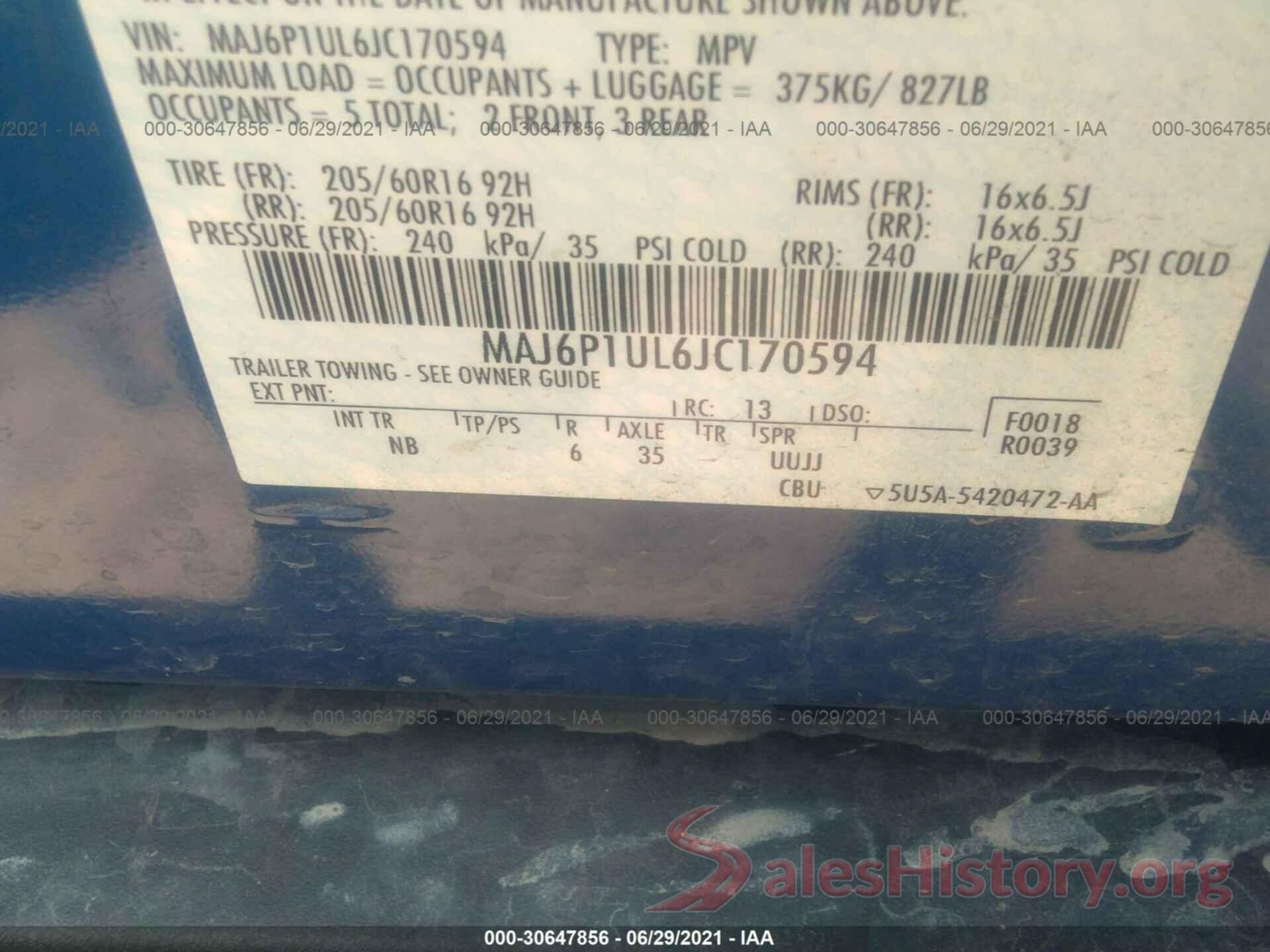 MAJ6P1UL6JC170594 2018 FORD ECOSPORT