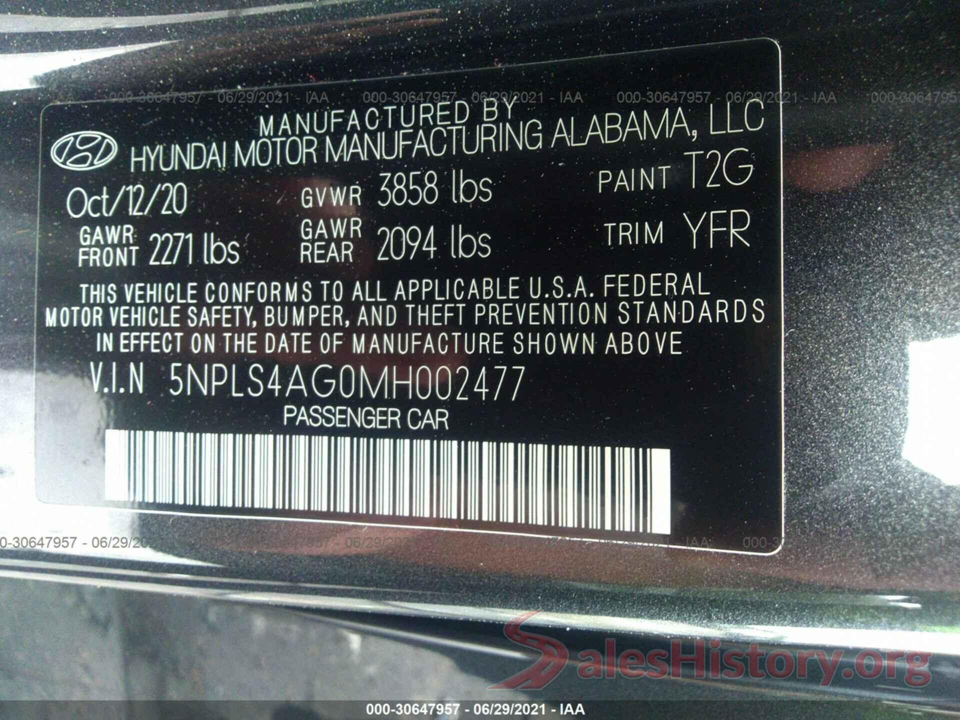 5NPLS4AG0MH002477 2021 HYUNDAI ELANTRA