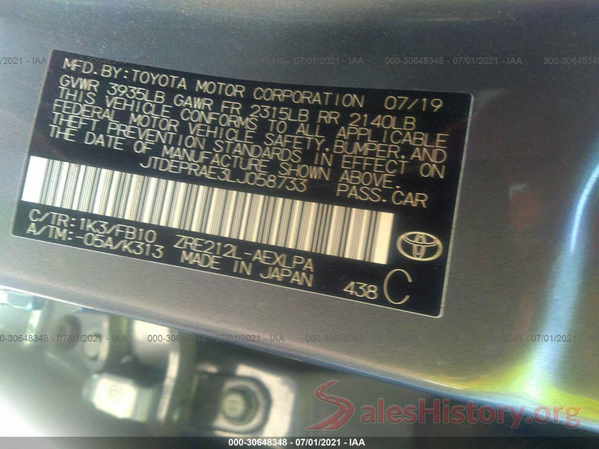 JTDEPRAE3LJ058733 2020 TOYOTA COROLLA