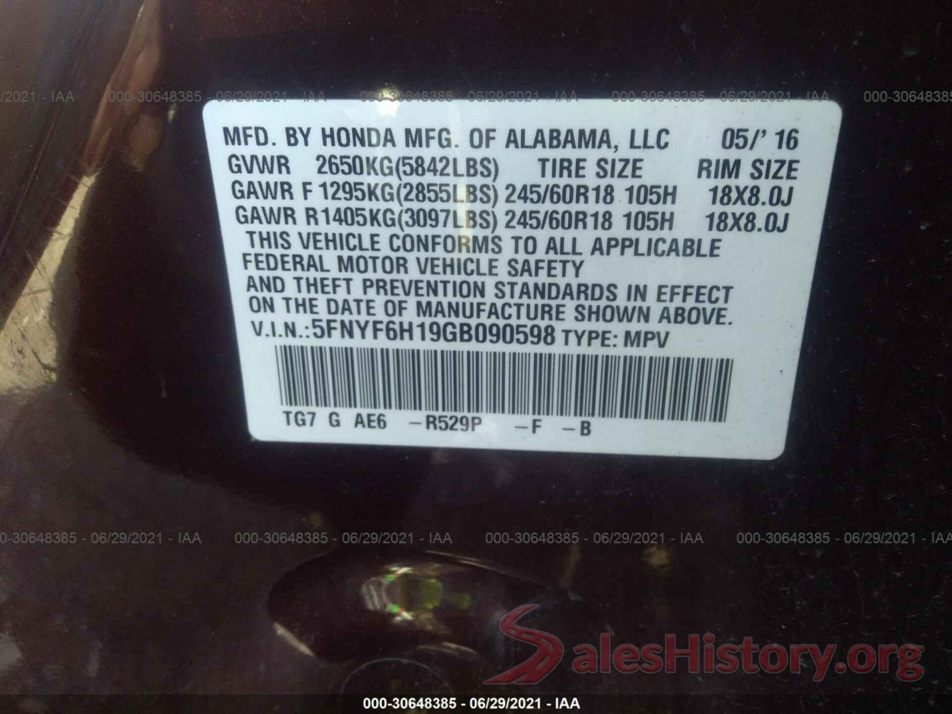 5FNYF6H19GB090598 2016 HONDA PILOT