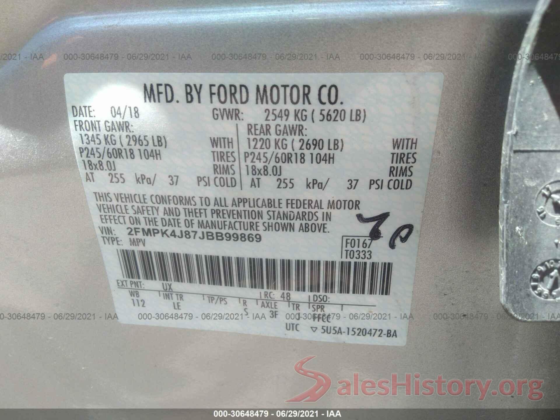 2FMPK4J87JBB99869 2018 FORD EDGE