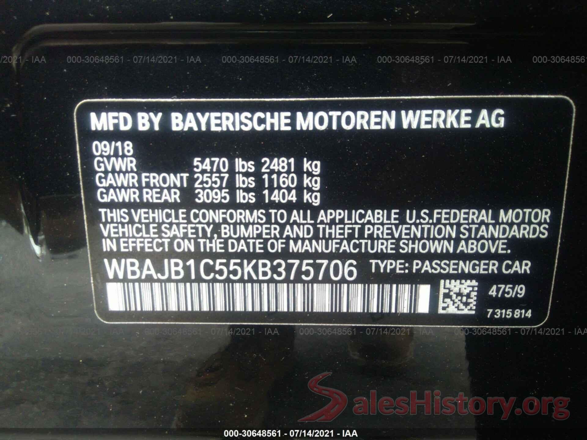 WBAJB1C55KB375706 2019 BMW 5 SERIES