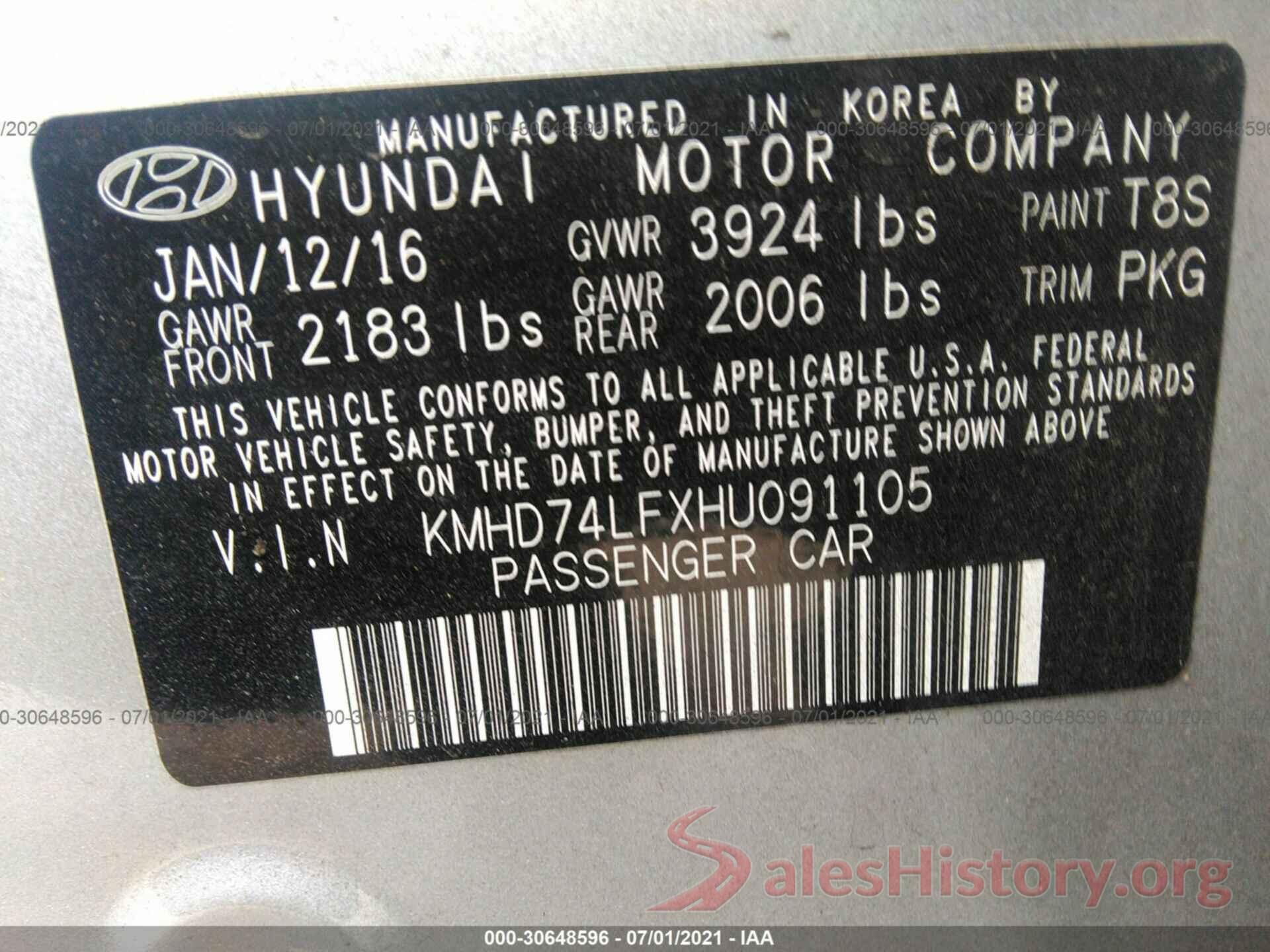 KMHD74LFXHU091105 2017 HYUNDAI ELANTRA