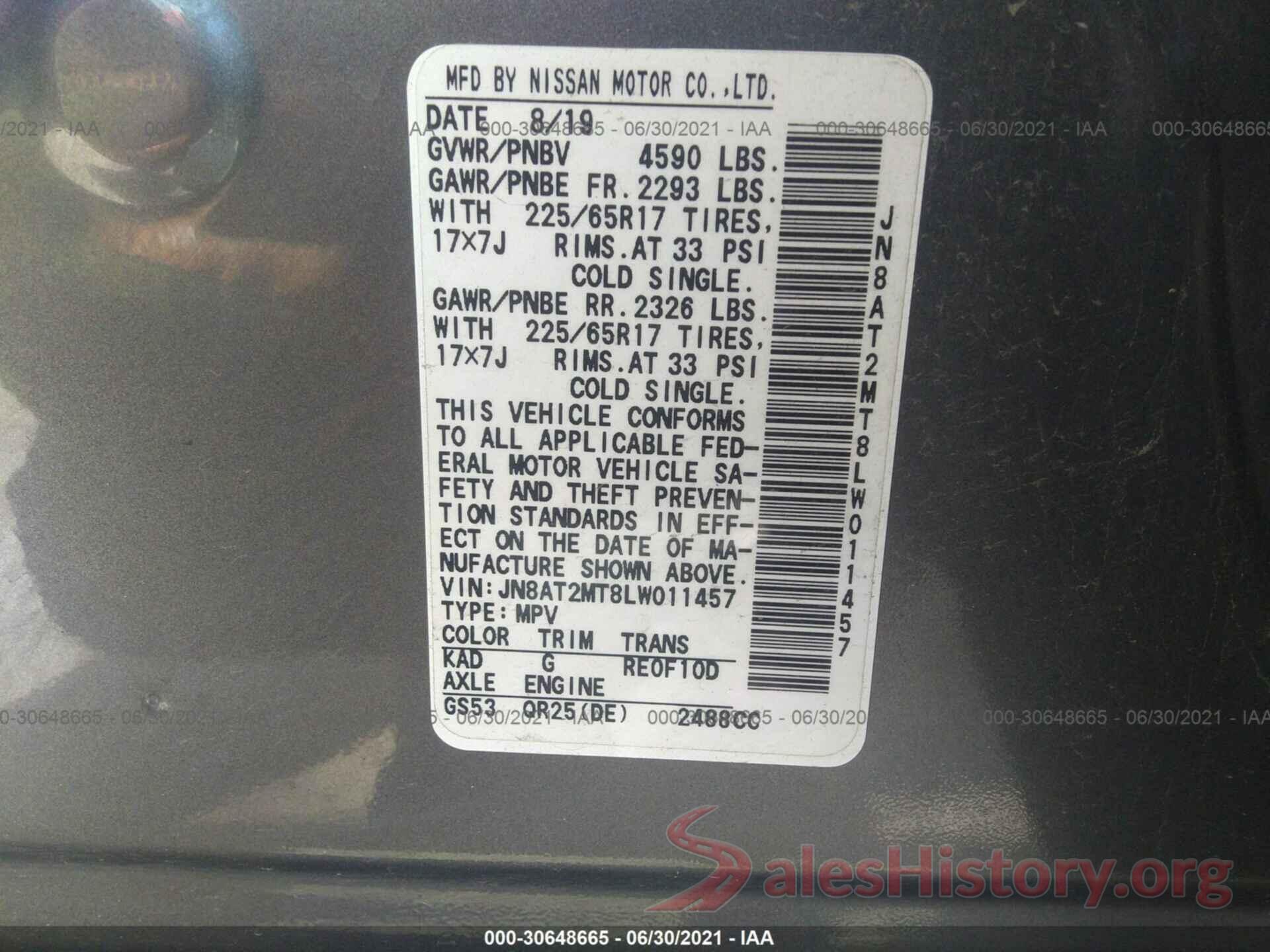 JN8AT2MT8LW011457 2020 NISSAN ROGUE