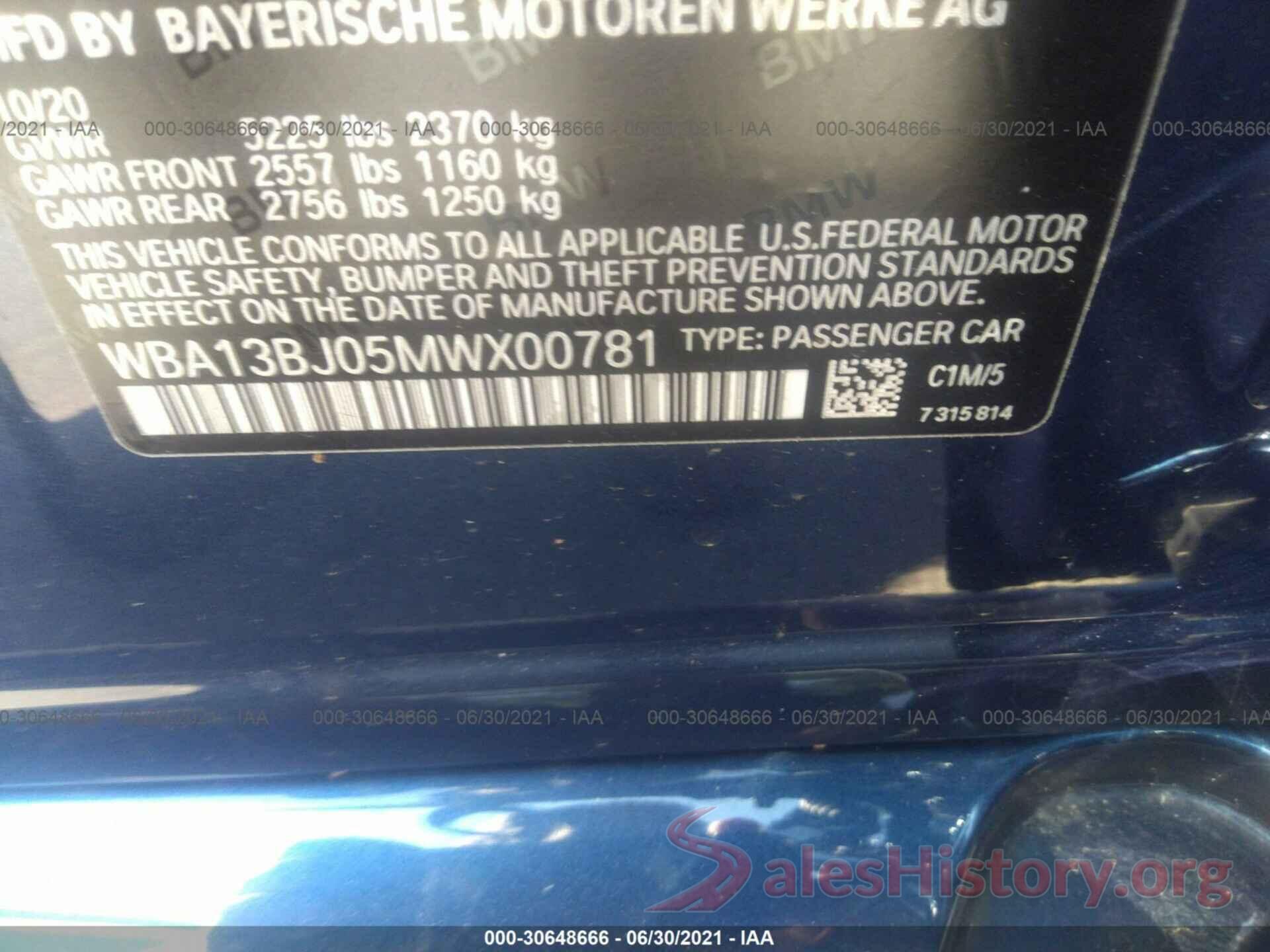 WBA13BJ05MWX00781 2021 BMW 5 SERIES