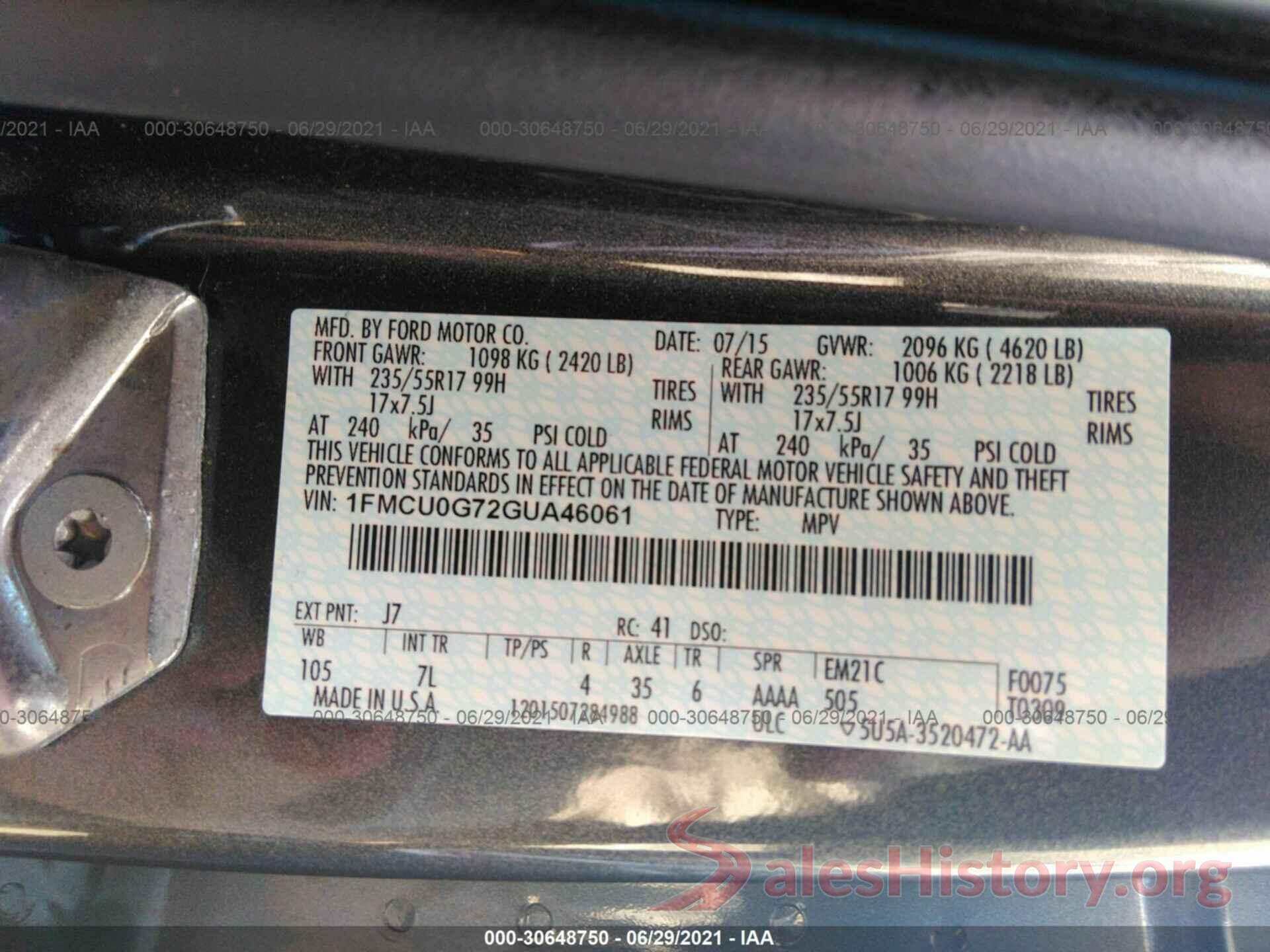 1FMCU0G72GUA46061 2016 FORD ESCAPE