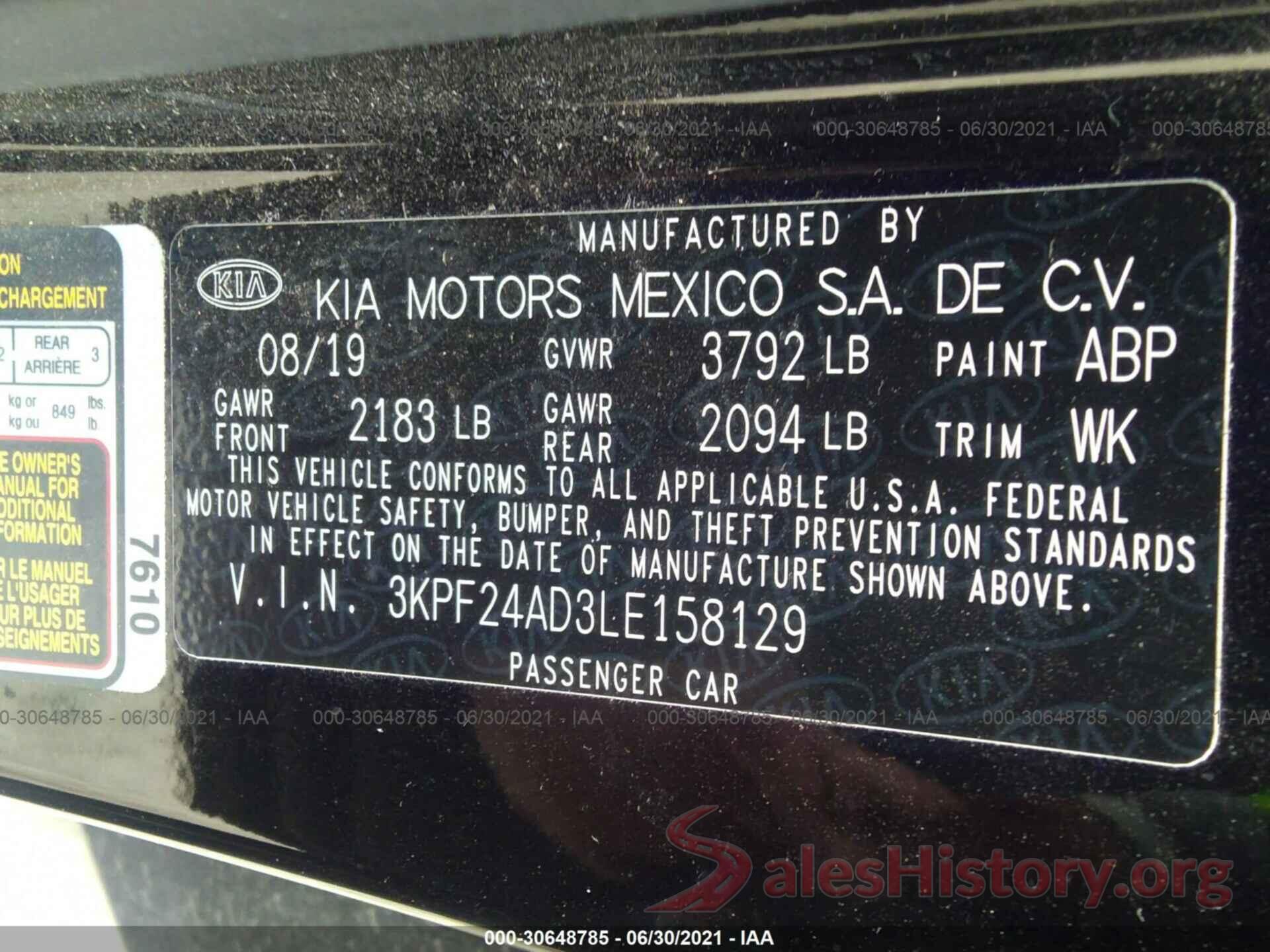 3KPF24AD3LE158129 2020 KIA FORTE