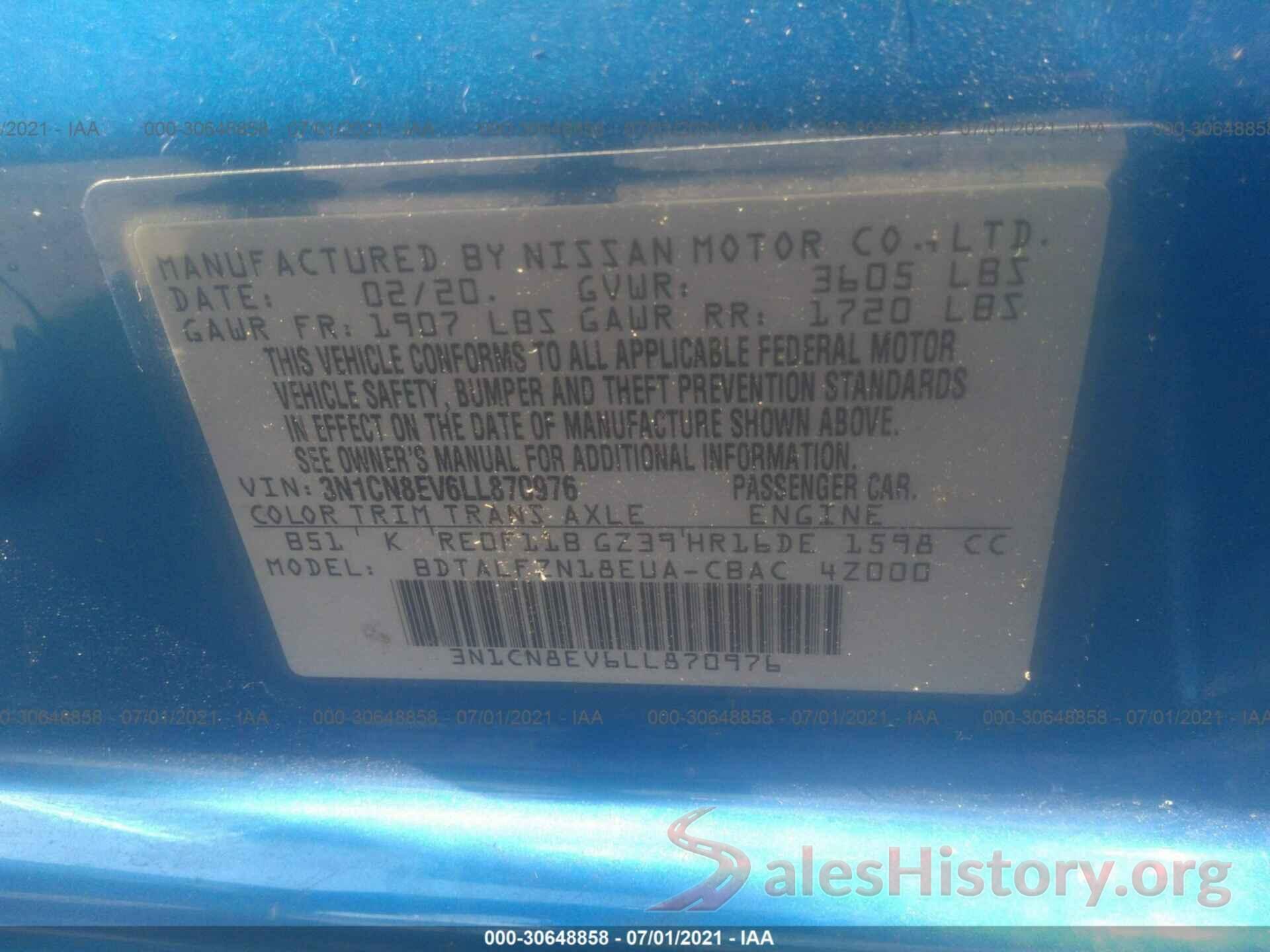 3N1CN8EV6LL870976 2020 NISSAN VERSA