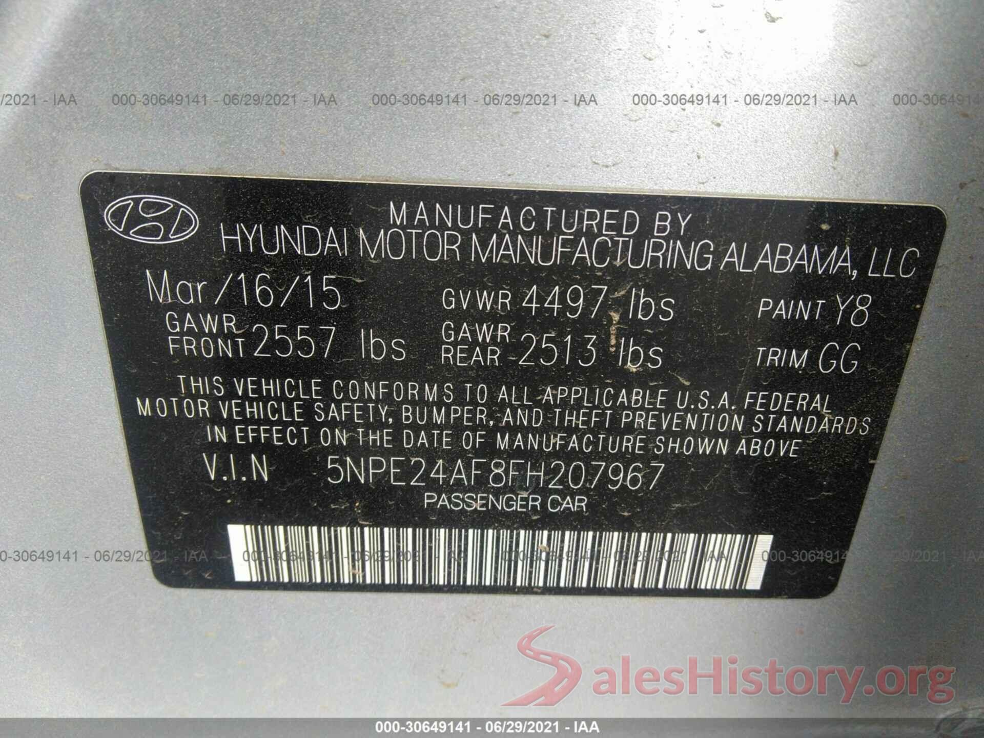 5NPE24AF8FH207967 2015 HYUNDAI SONATA