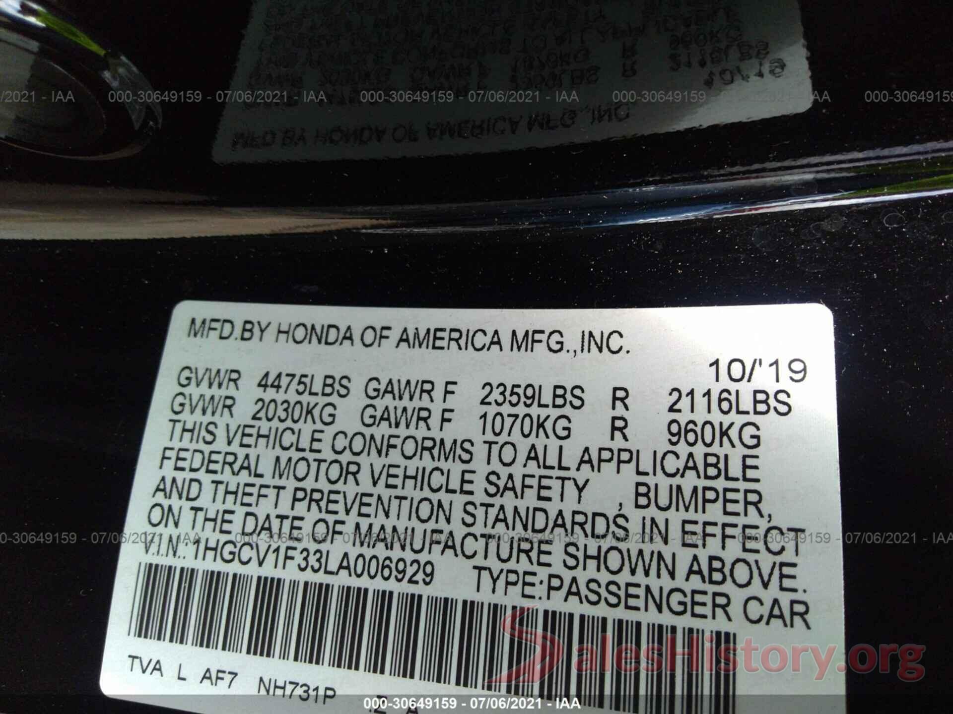 1HGCV1F33LA006929 2020 HONDA ACCORD SEDAN