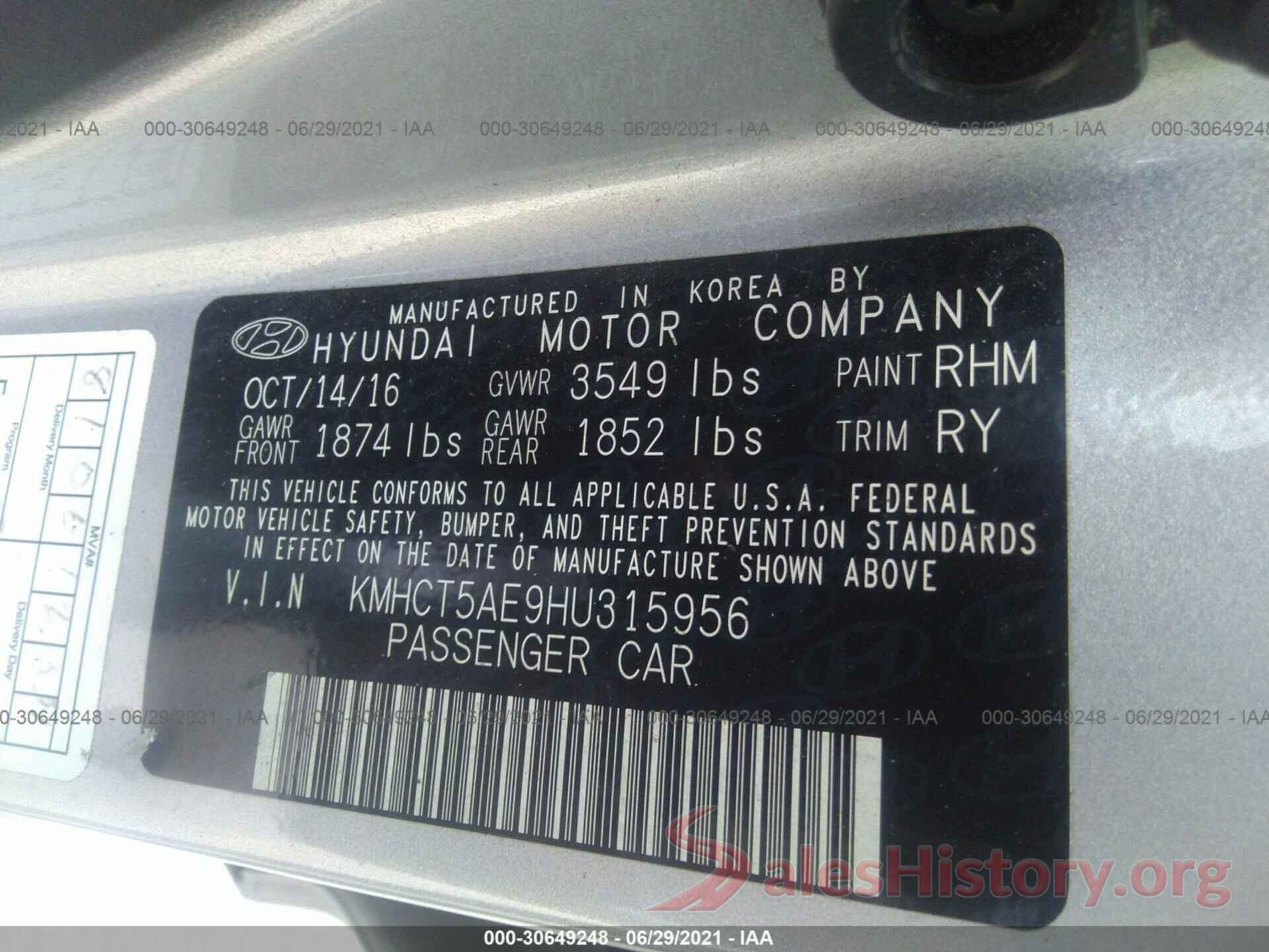 KMHCT5AE9HU315956 2017 HYUNDAI ACCENT