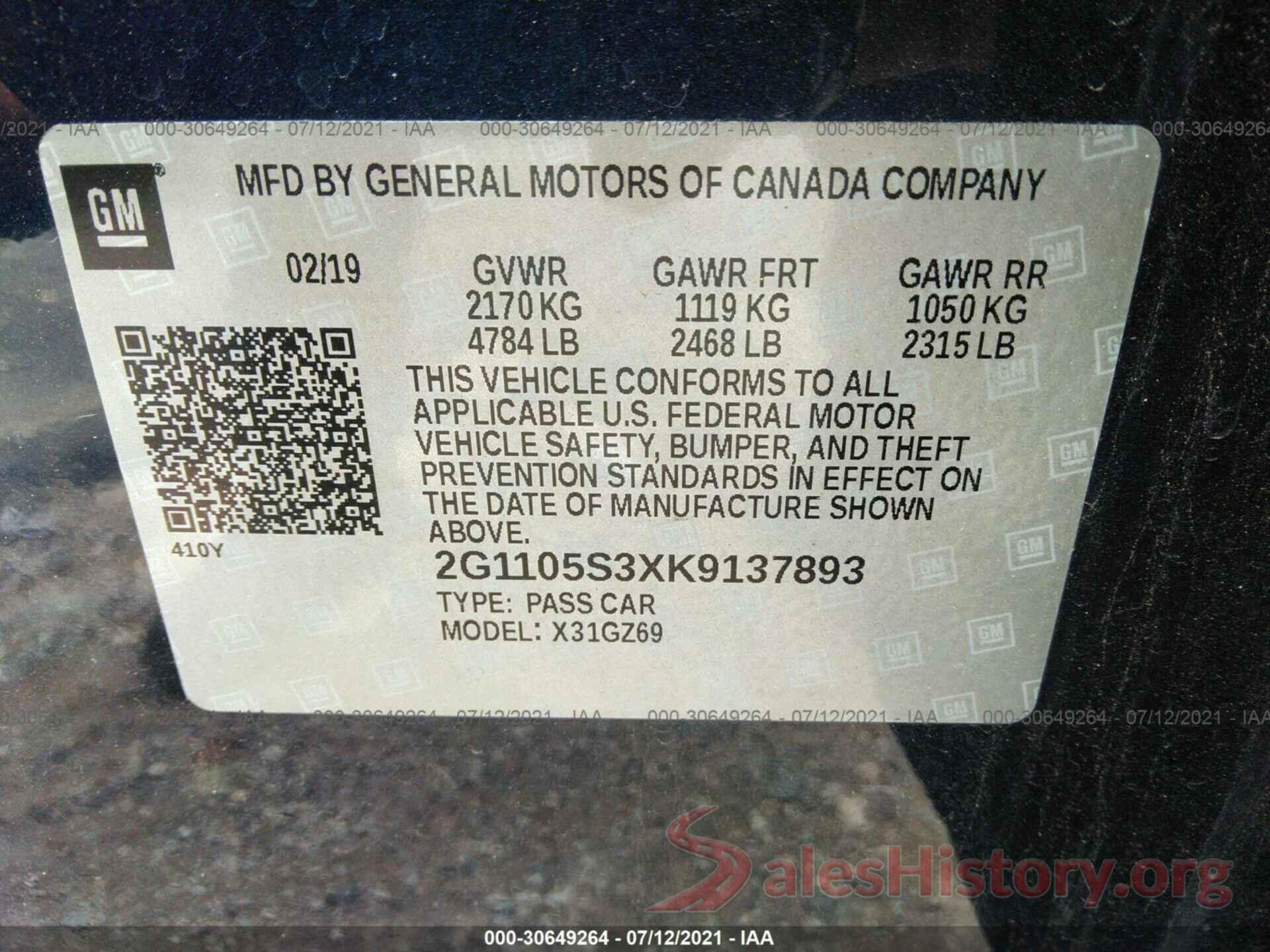 2G1105S3XK9137893 2019 CHEVROLET IMPALA