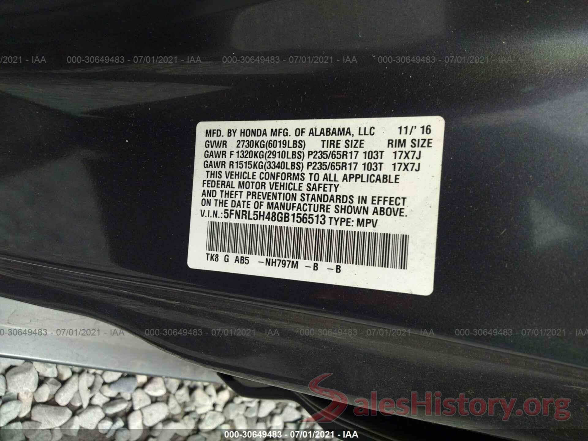 5FNRL5H48GB156513 2016 HONDA ODYSSEY