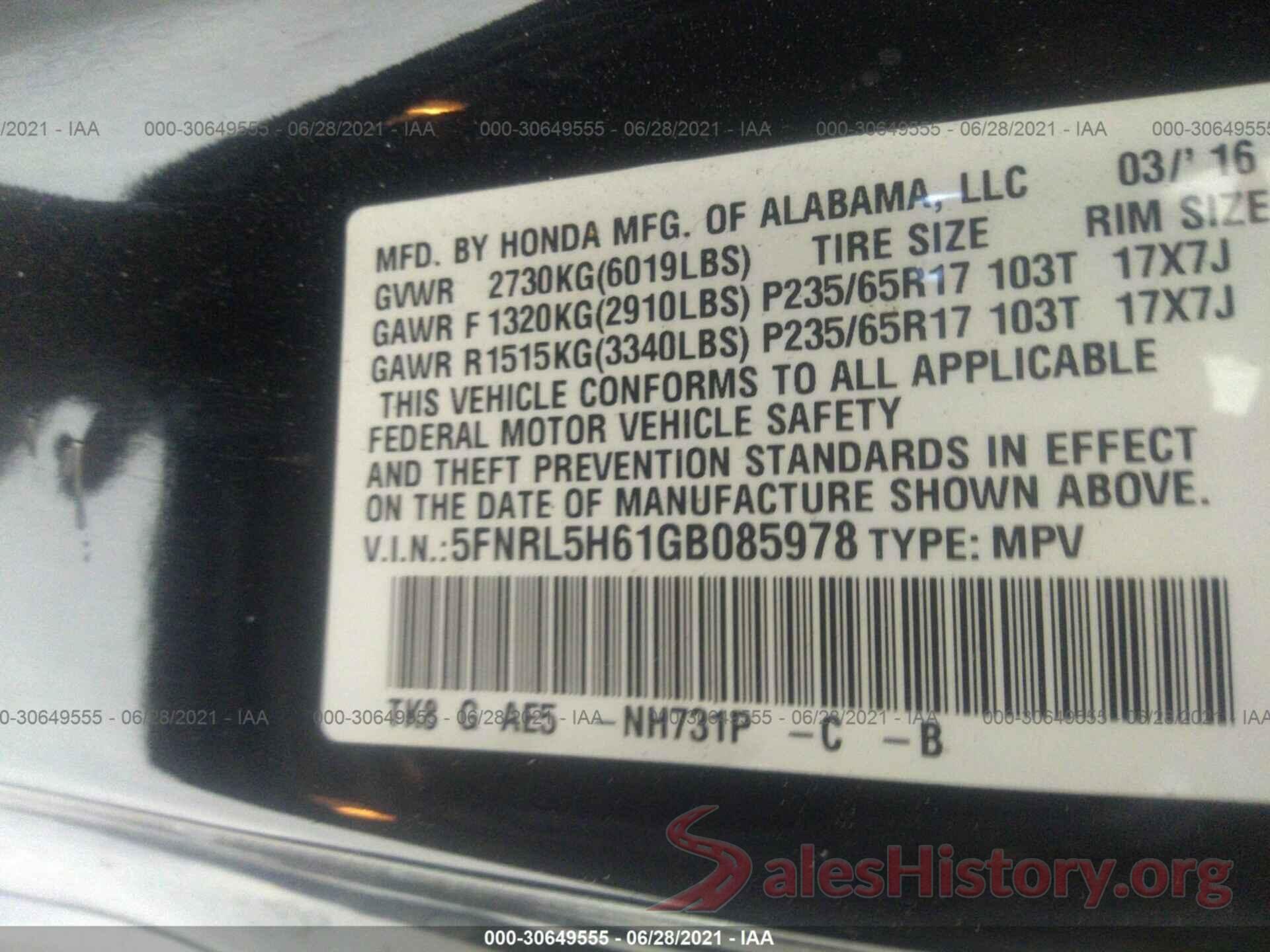 5FNRL5H61GB085978 2016 HONDA ODYSSEY