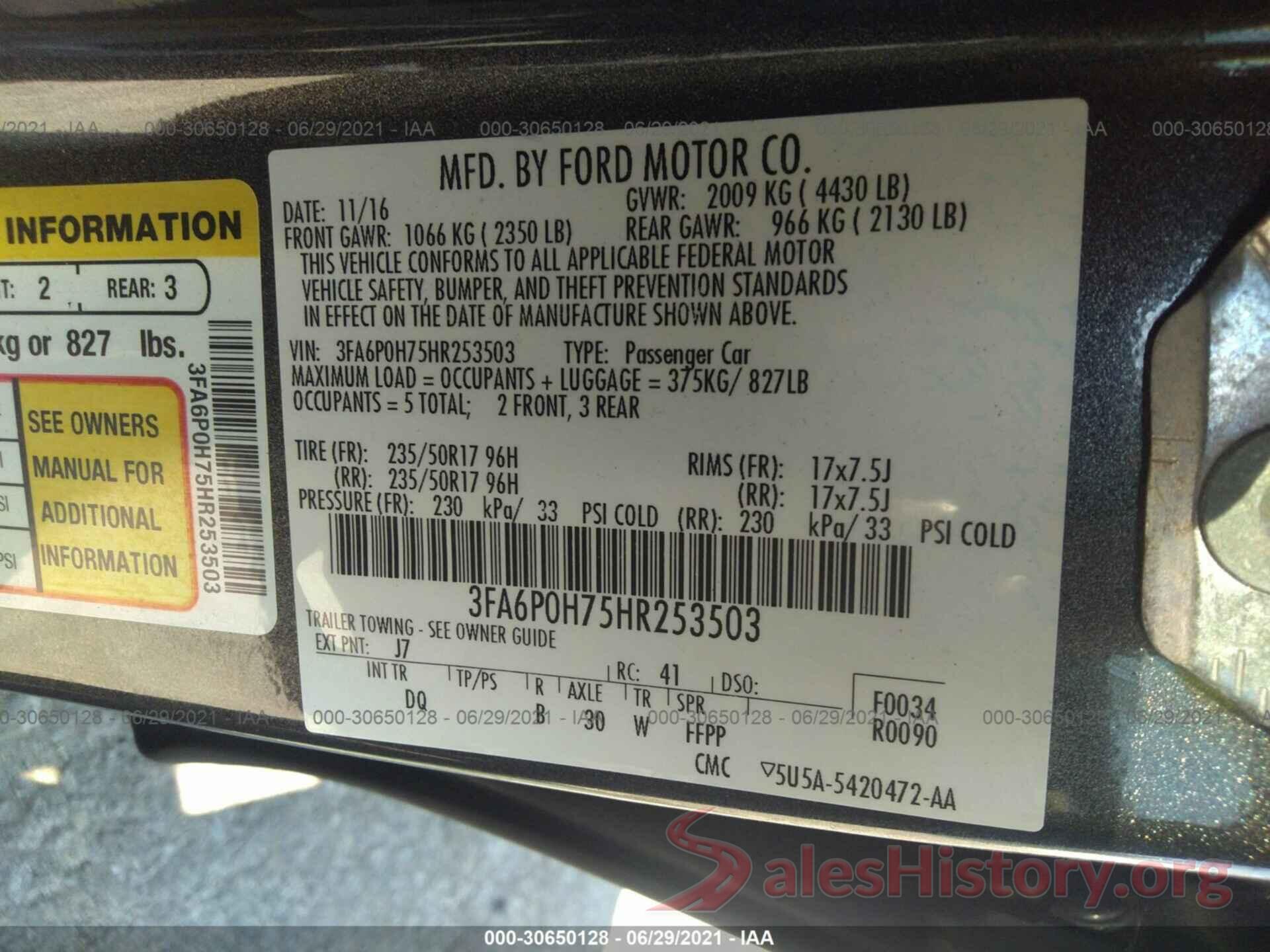 3FA6P0H75HR253503 2017 FORD FUSION