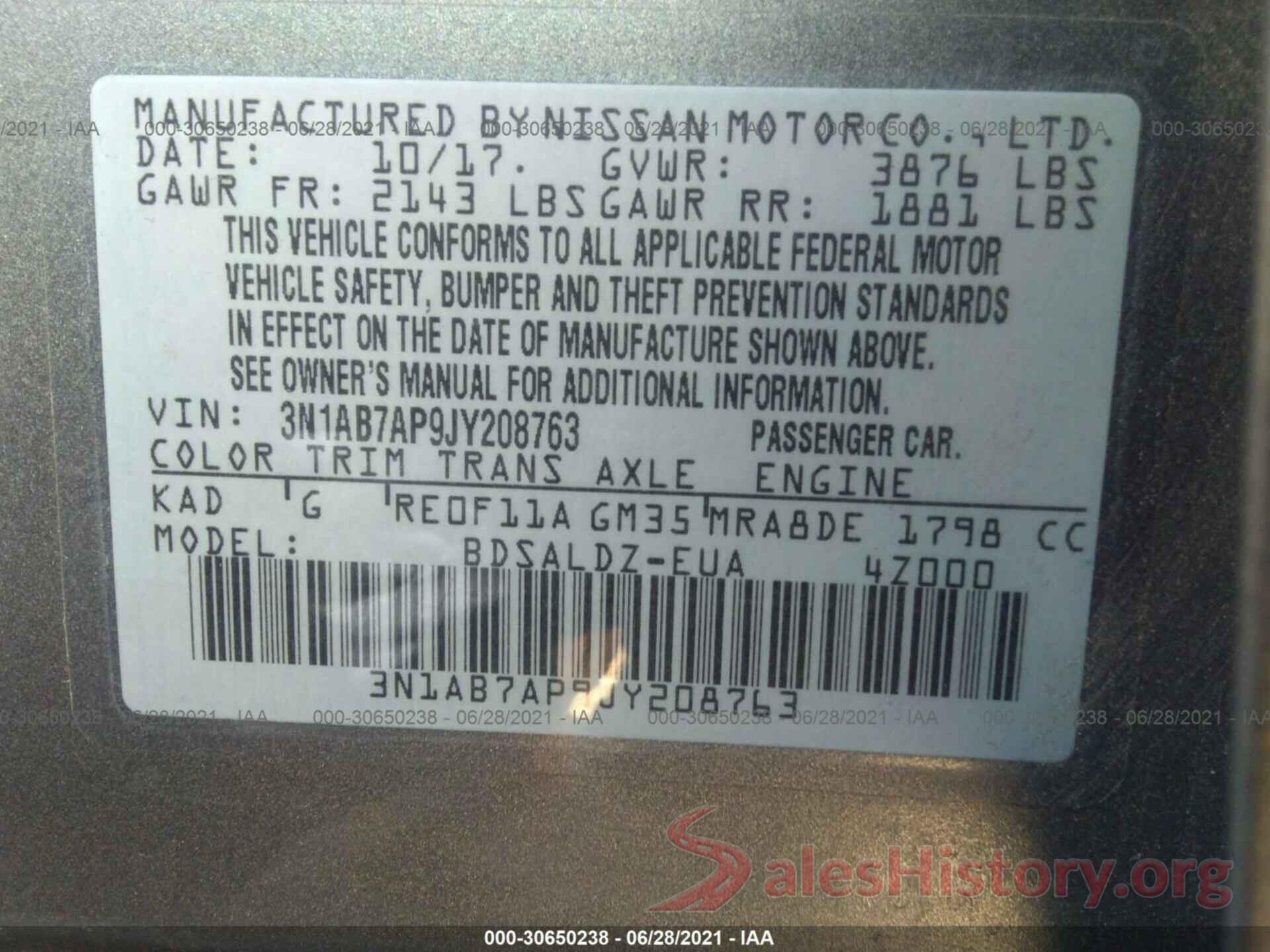 3N1AB7AP9JY208763 2018 NISSAN SENTRA