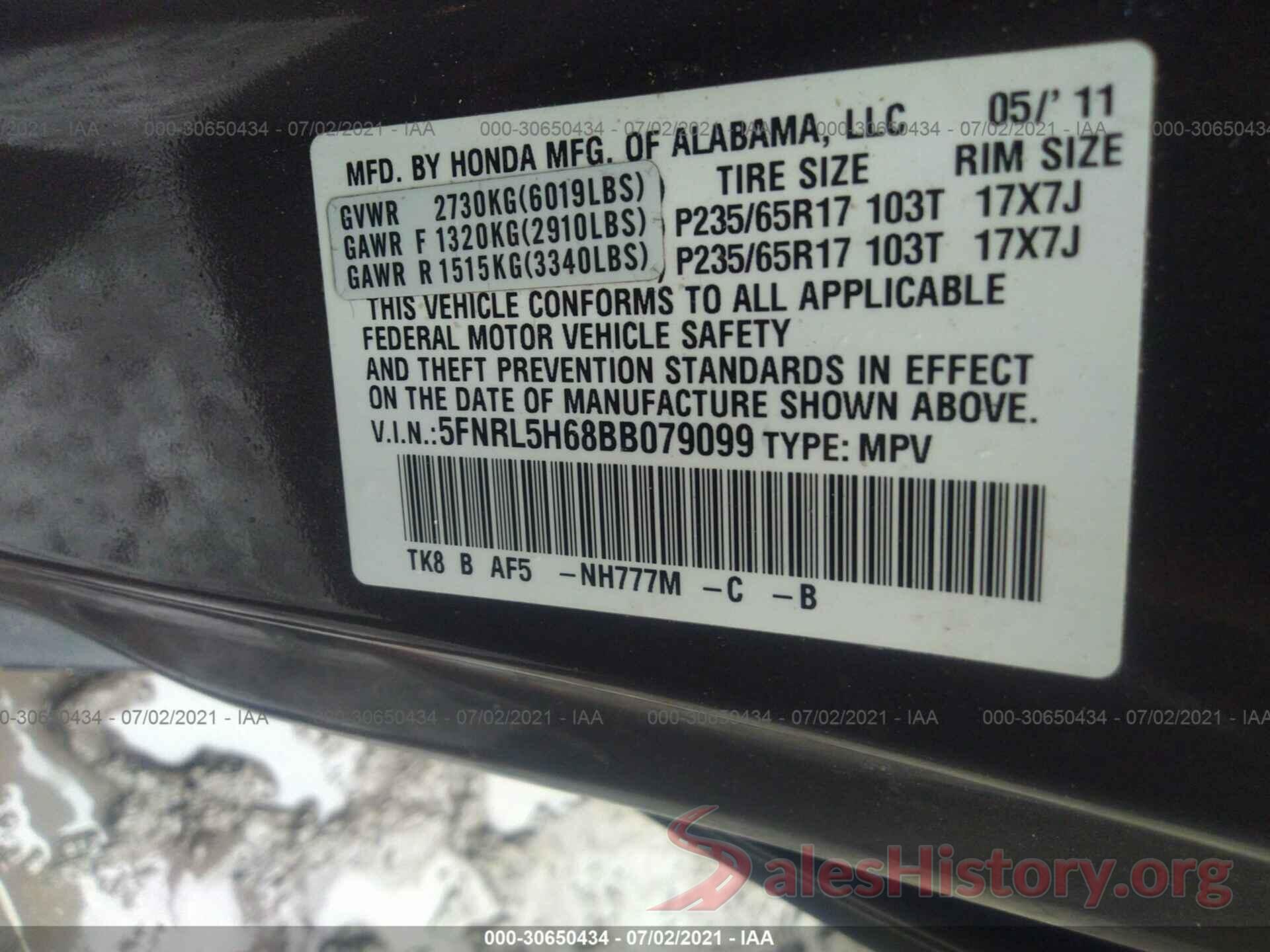 5FNRL5H68BB079099 2011 HONDA ODYSSEY