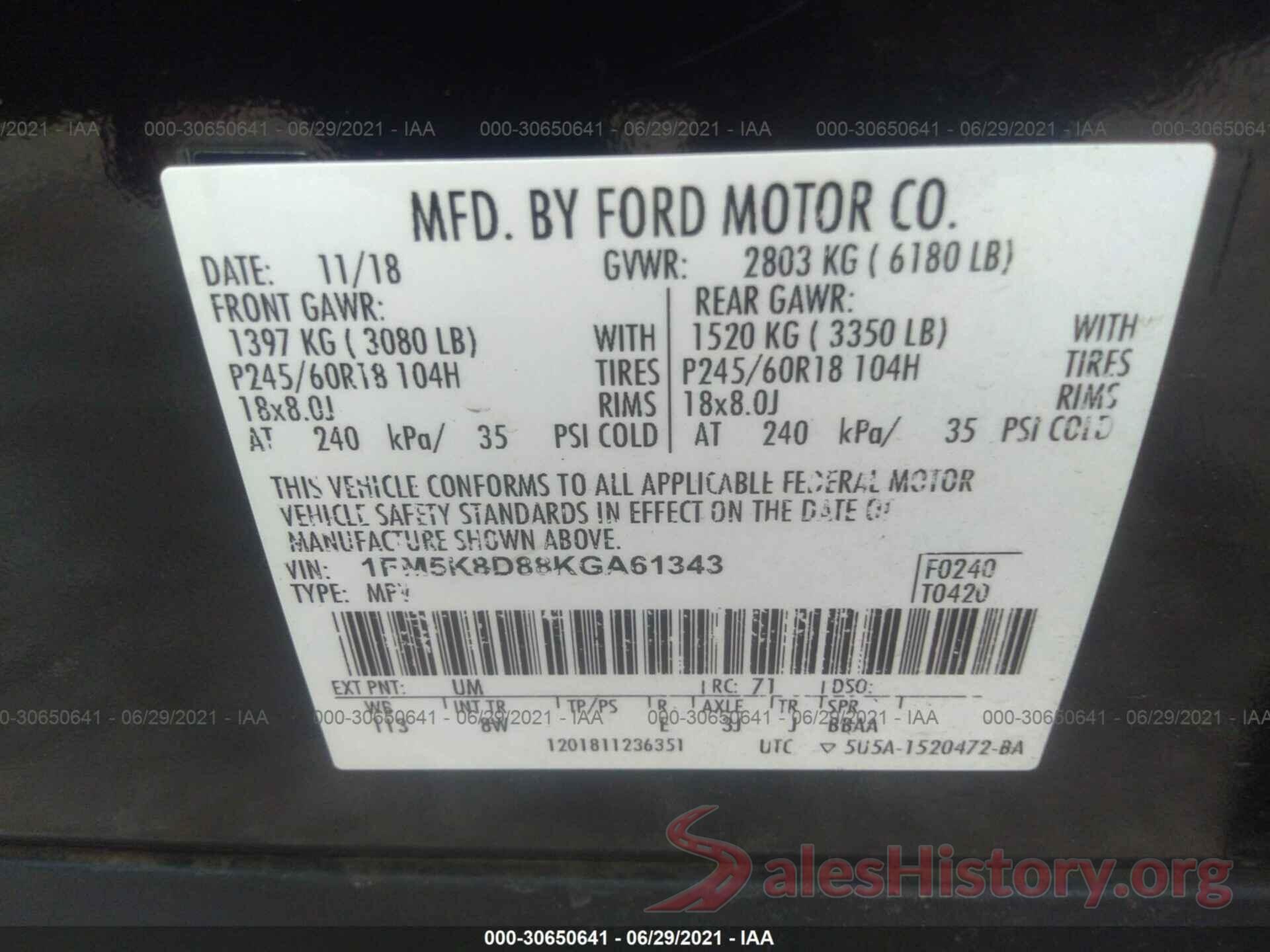 1FM5K8D88KGA61343 2019 FORD EXPLORER