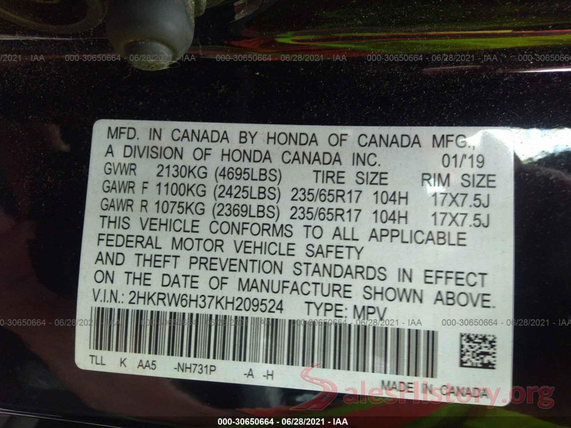 2HKRW6H37KH209524 2019 HONDA CR-V