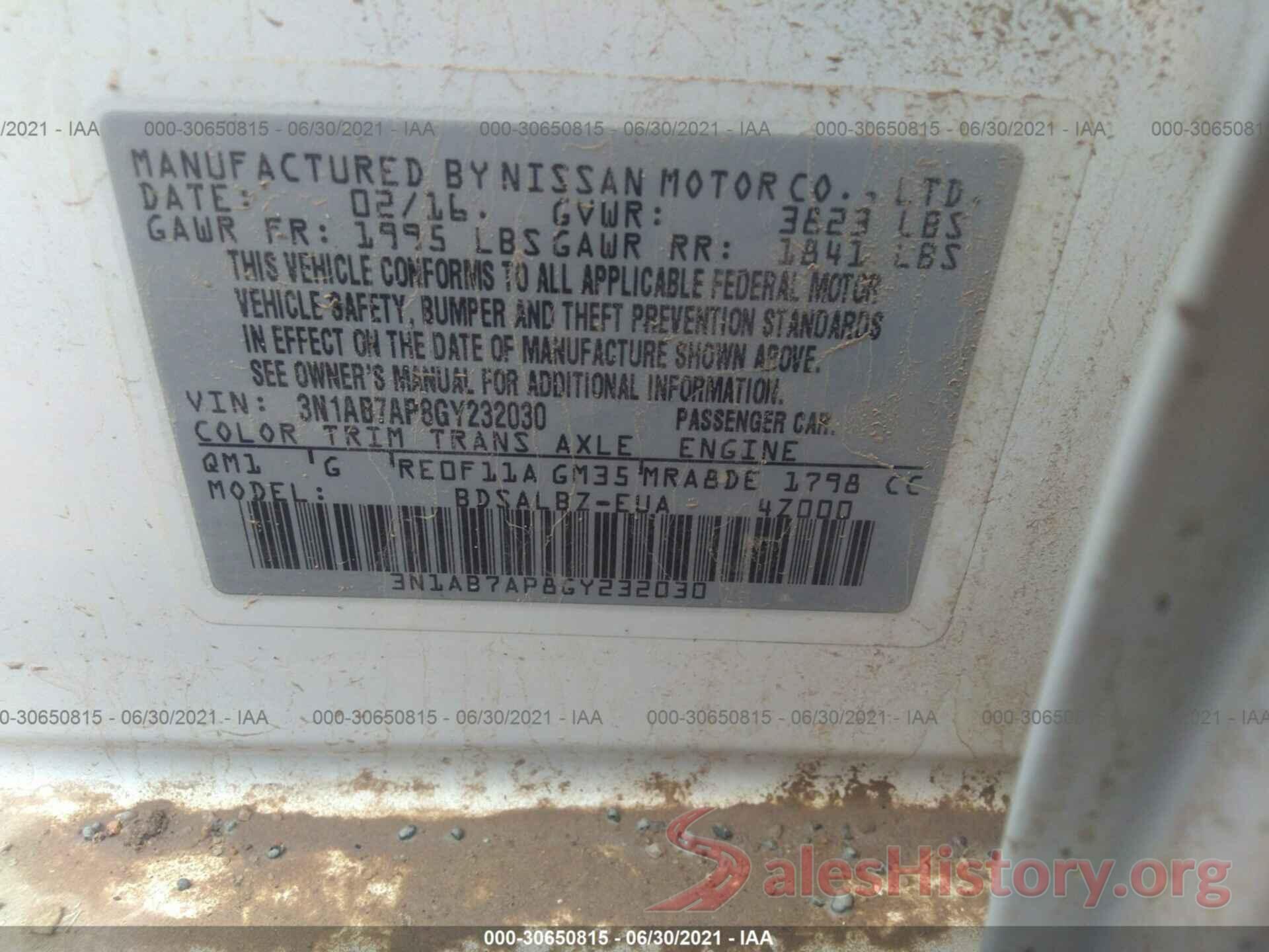 3N1AB7AP8GY232030 2016 NISSAN SENTRA