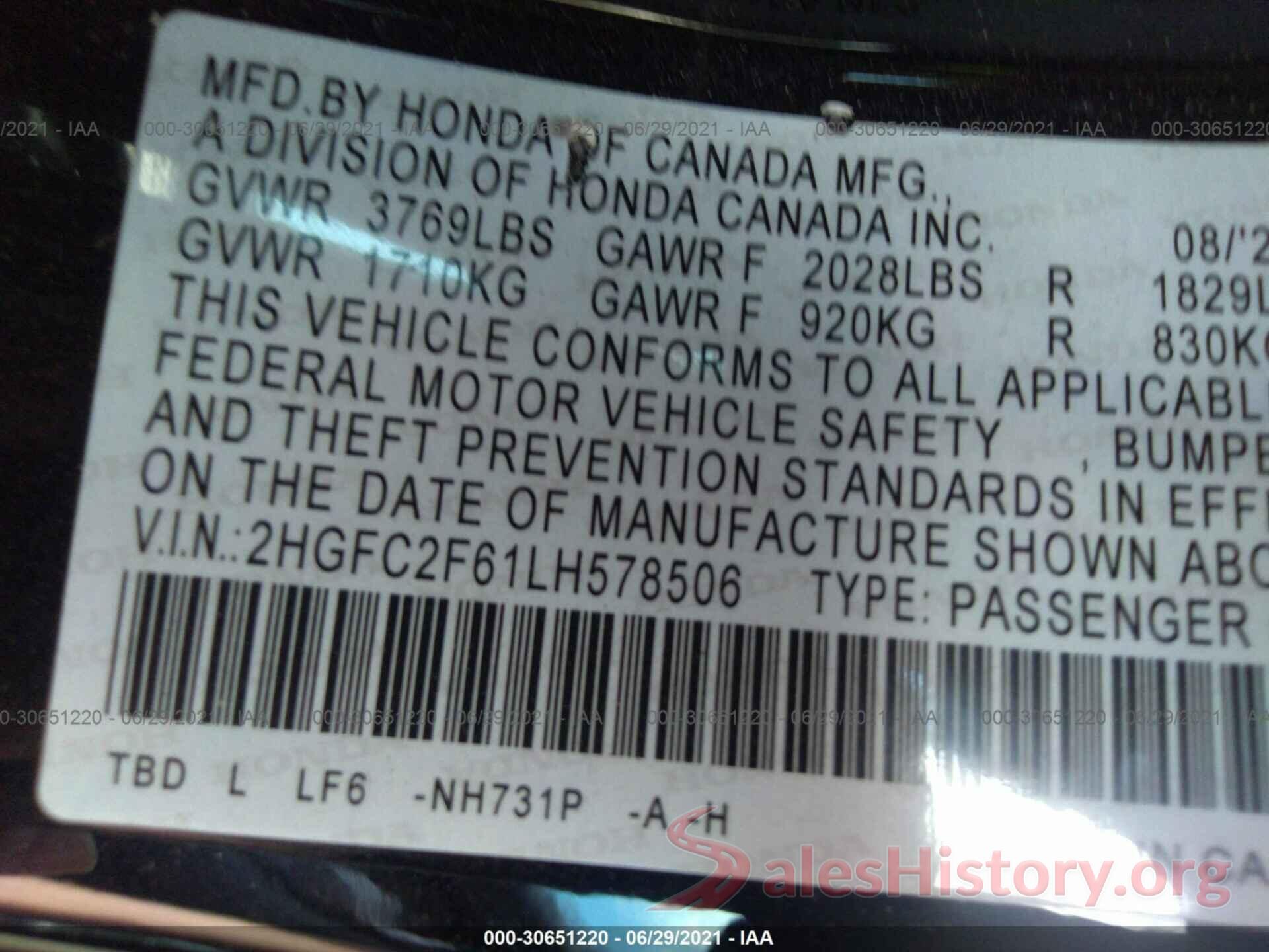 2HGFC2F61LH578506 2020 HONDA CIVIC SEDAN