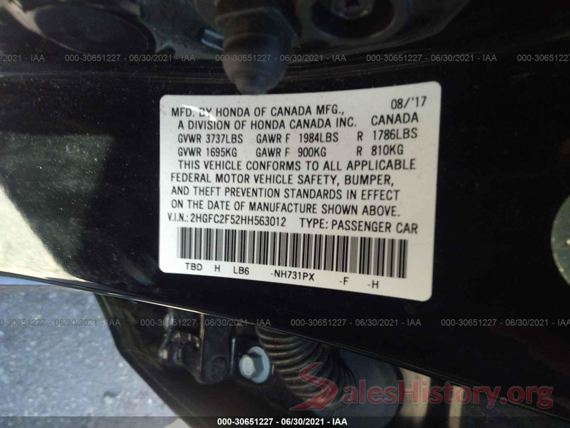 2HGFC2F52HH563012 2017 HONDA CIVIC SEDAN