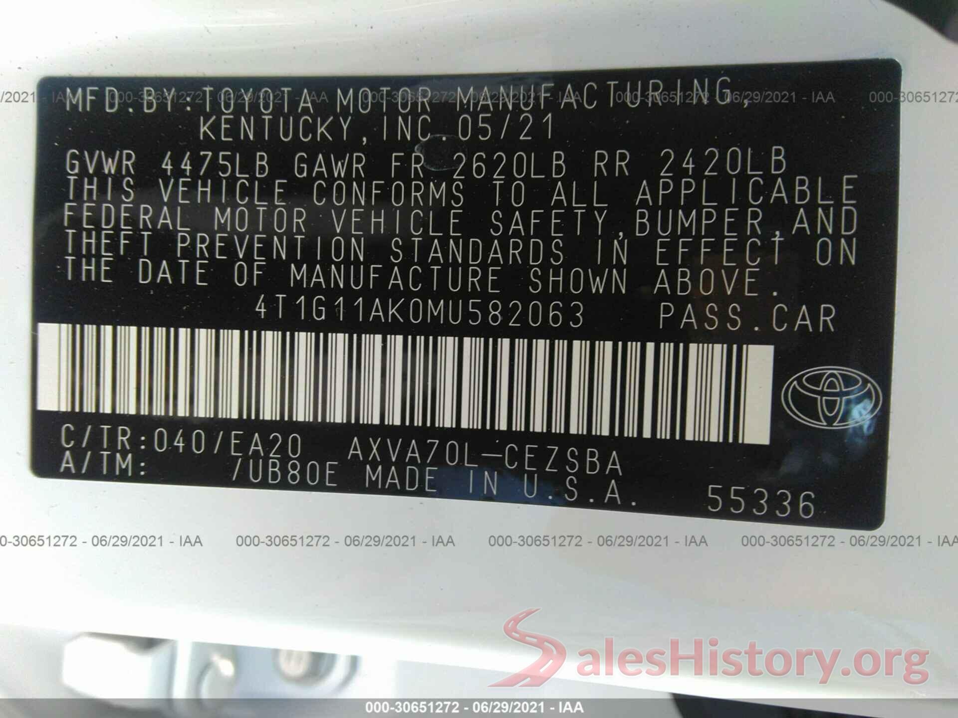 4T1G11AK0MU582063 2021 TOYOTA CAMRY