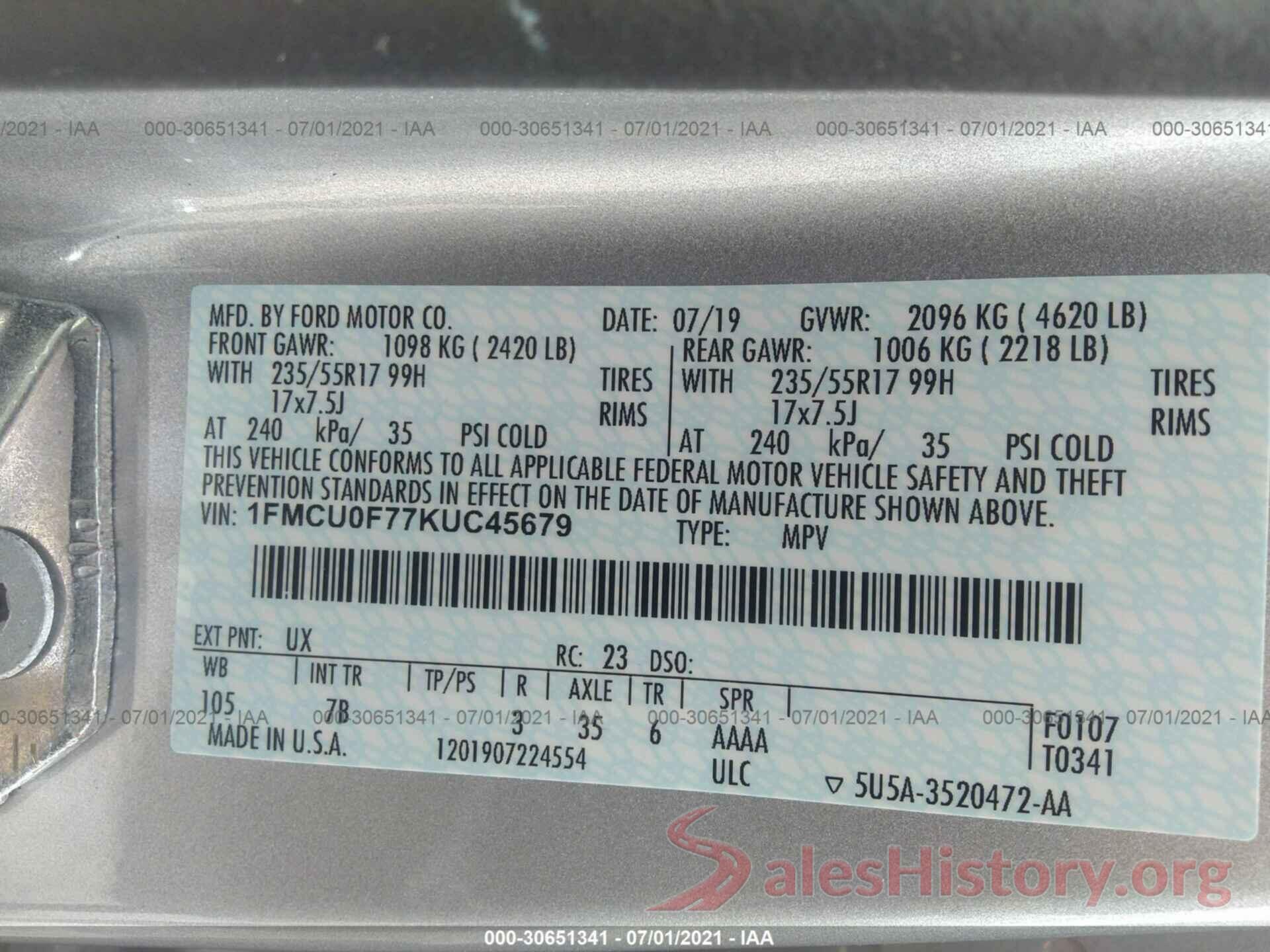 1FMCU0F77KUC45679 2019 FORD ESCAPE